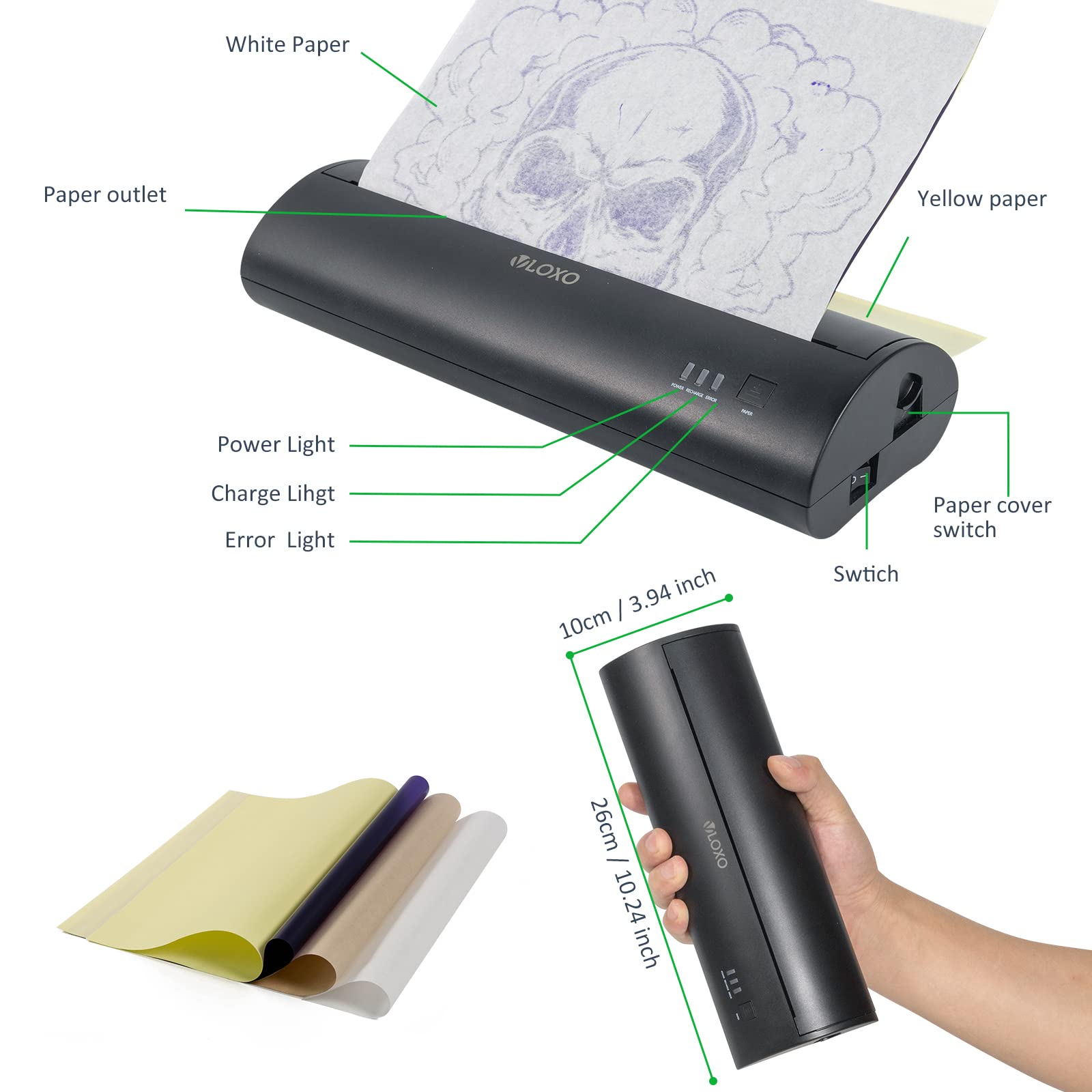 VLOXO Wireless Tattoo Stencil Printer - Portable Rechargeable Thermal Transfer Copier for Tattoo Artists, Works with iOS & Android Smartphones, Includes 10 Tattoo Stencil Papers - Perfect for Tattoo Studios, Home Use & Professional Tattoo Design Transfer