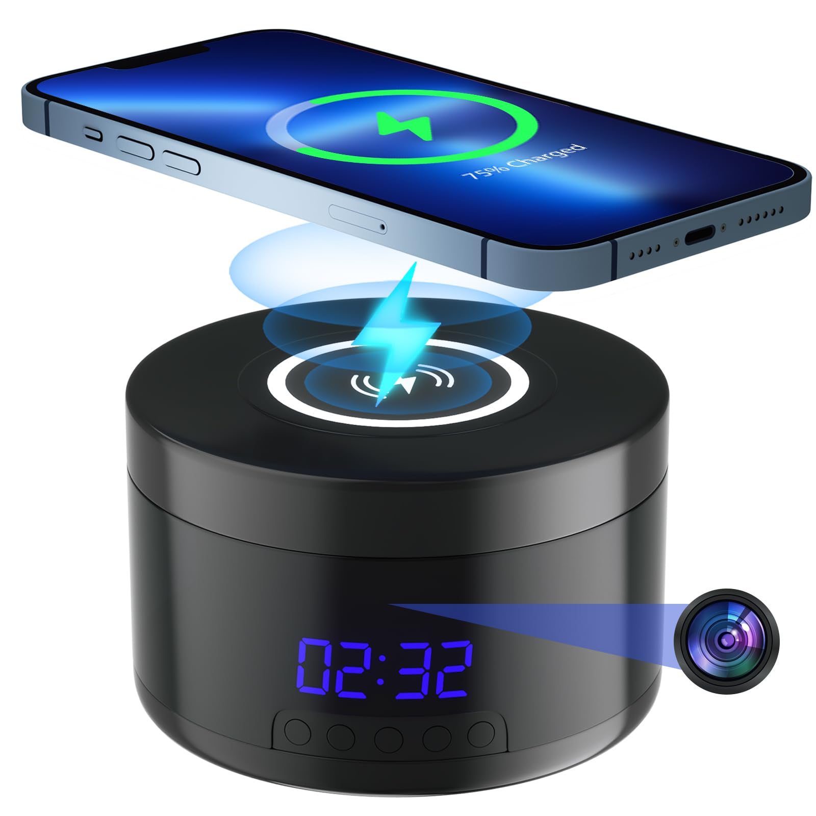 1080P HD Indoor Security Camera with Clock & Wireless Charging | WiFi Home Surveillance Camera with Motion Detection, Night Vision, Local/Cloud Storage | Perfect for Baby Monitoring, Pet Watching & Home Security