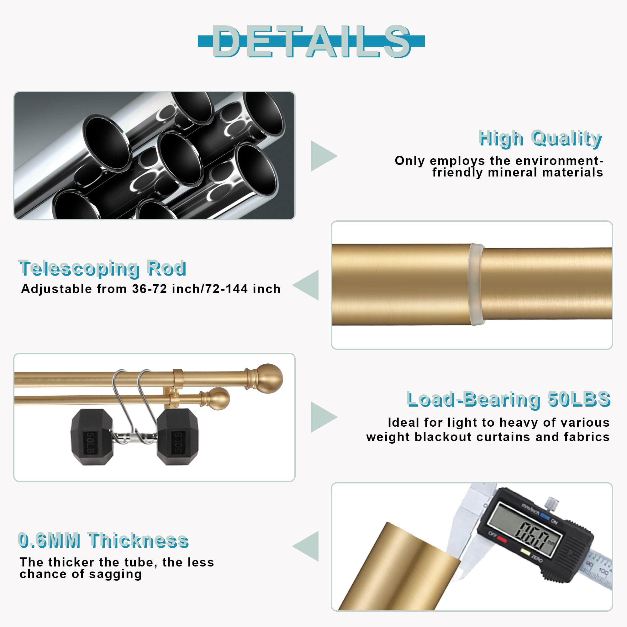72-144 Inch Adjustable Warm Gold Double Curtain Rod Set - 1’’ Front & 5/8’’ Back Drapery Rod with Small Round Ball Finials & Aluminum Brackets for Sheer/Blackout Curtains - Perfect for Living Room, Bedroom & Bay Windows