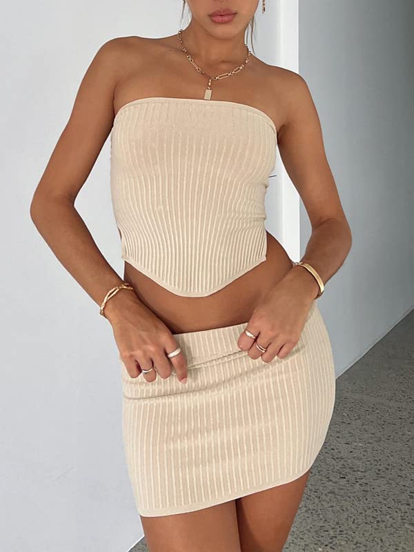 Y2K Women's 2-Piece Outfit - Solid Color Bandeau Top & Knit Bodycon Mini Skirt Set | Summer Streetwear Fashion | Perfect for Music Festivals, Beach Vacations & Night Out