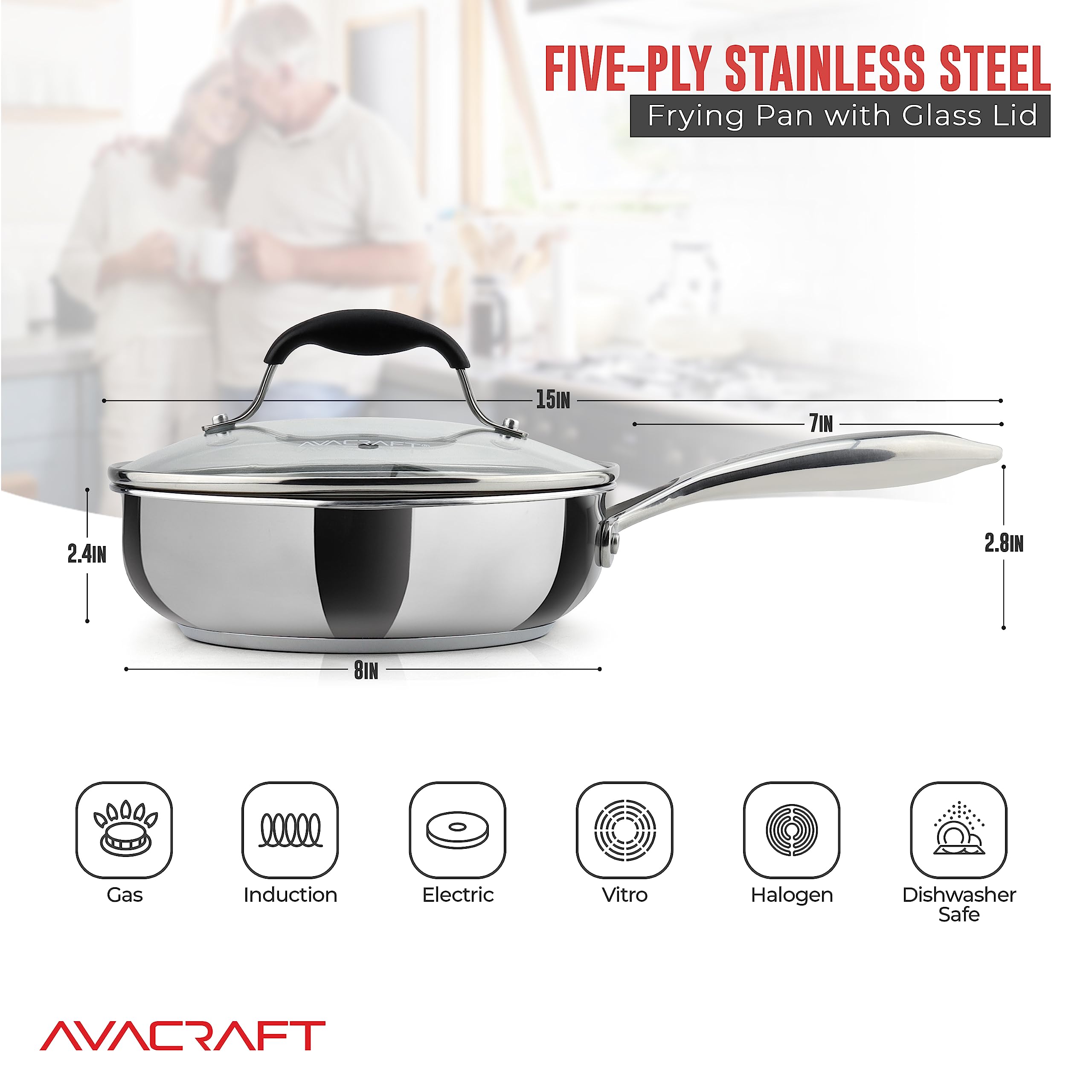 AVACRAFT 18/10 Stainless Steel 8-Inch Frying Pan with Lid - Induction Compatible Skillet with Side Spouts - Non-Toxic & Durable Cookware for Sauteing, Frying & Simmering - Perfect for Home Kitchen & Professional Use