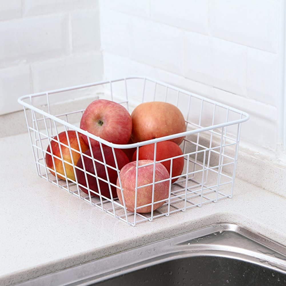 Redrubbit Wire Storage Baskets - Set of 2 Large Farmhouse Metal Freezer Basket Organizers with Handles for Kitchen, Pantry, Closet, Bedroom & Bathroom Organization - Perfect for Storing Fruits, Vegetables, Toys & Household Items (White)