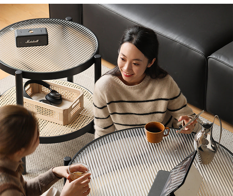 Solid Oak Wood Rattan Black Glass Round Coffee Table - Modern Living Room Centerpiece for Home Decor