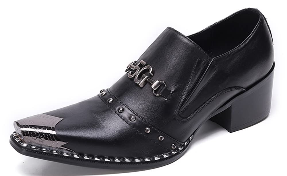 Santimon Men's Genuine Leather Loafers with Stacked Heel & Metal Cap Toe - Classic Snaffle Bit Design for Formal Wear, Business Meetings & Wedding Attire