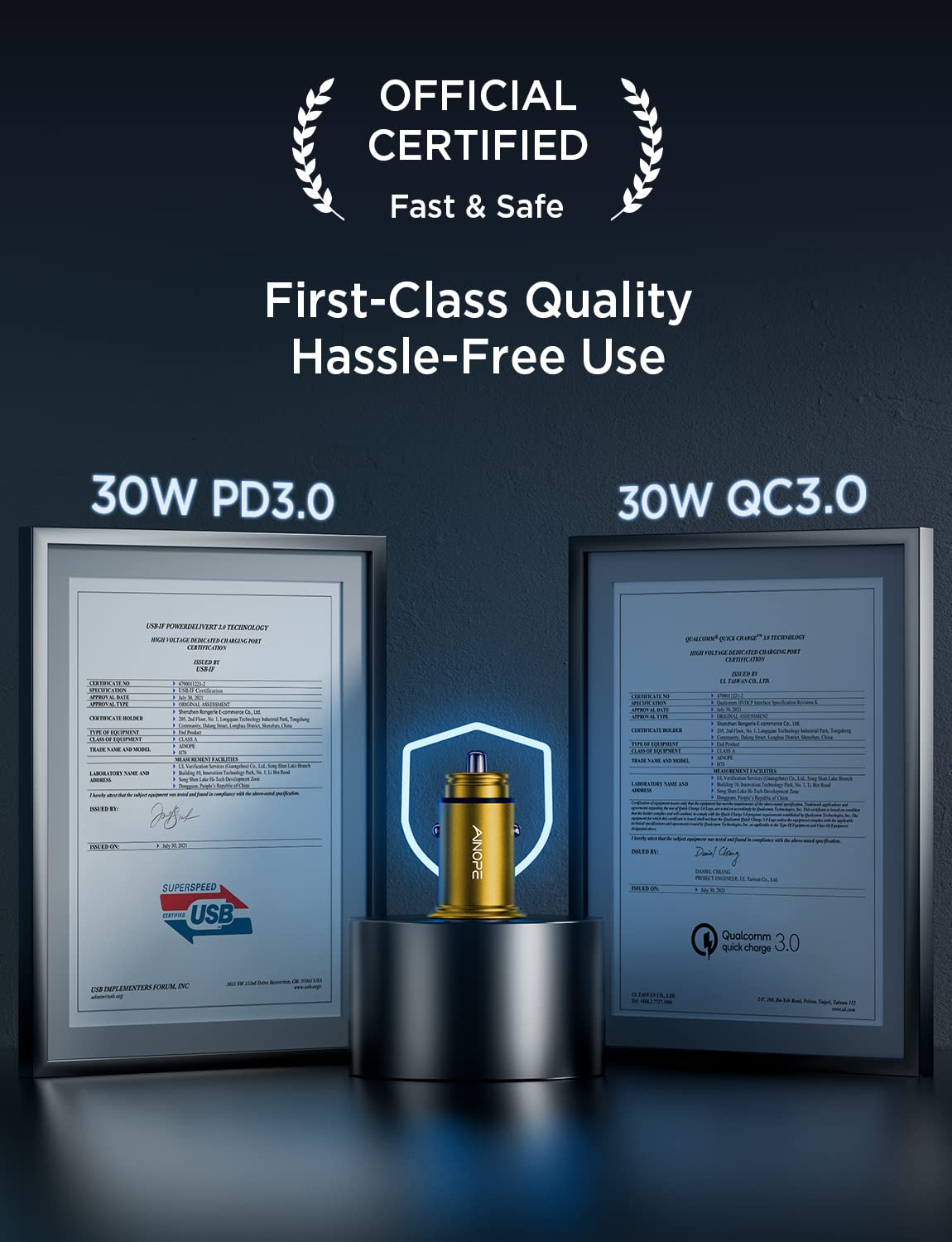 48W Fast Car Charger for iPhone 15 14 13 12 11 Pro Max XS & Samsung S24 S23 S22 S21 S20 - PD3.0 QC3.0 Compatible Gold Metal Mini Charger - Perfect for Road Trips & Daily Commuting