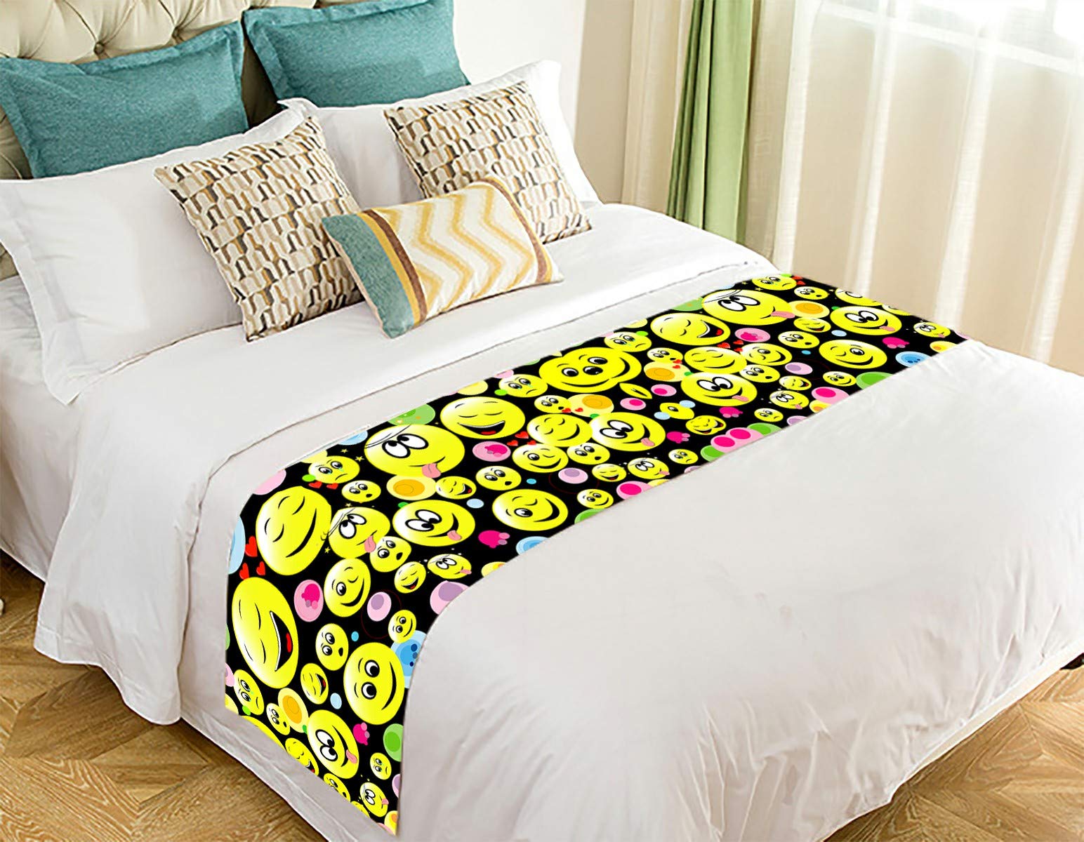 Colorful Smile Face Bed Runner - Decorative Bed Scarf for Queen/King Size Beds (20x95 Inches) - Perfect for Bedroom Decor, Guest Room Styling & Home Accents