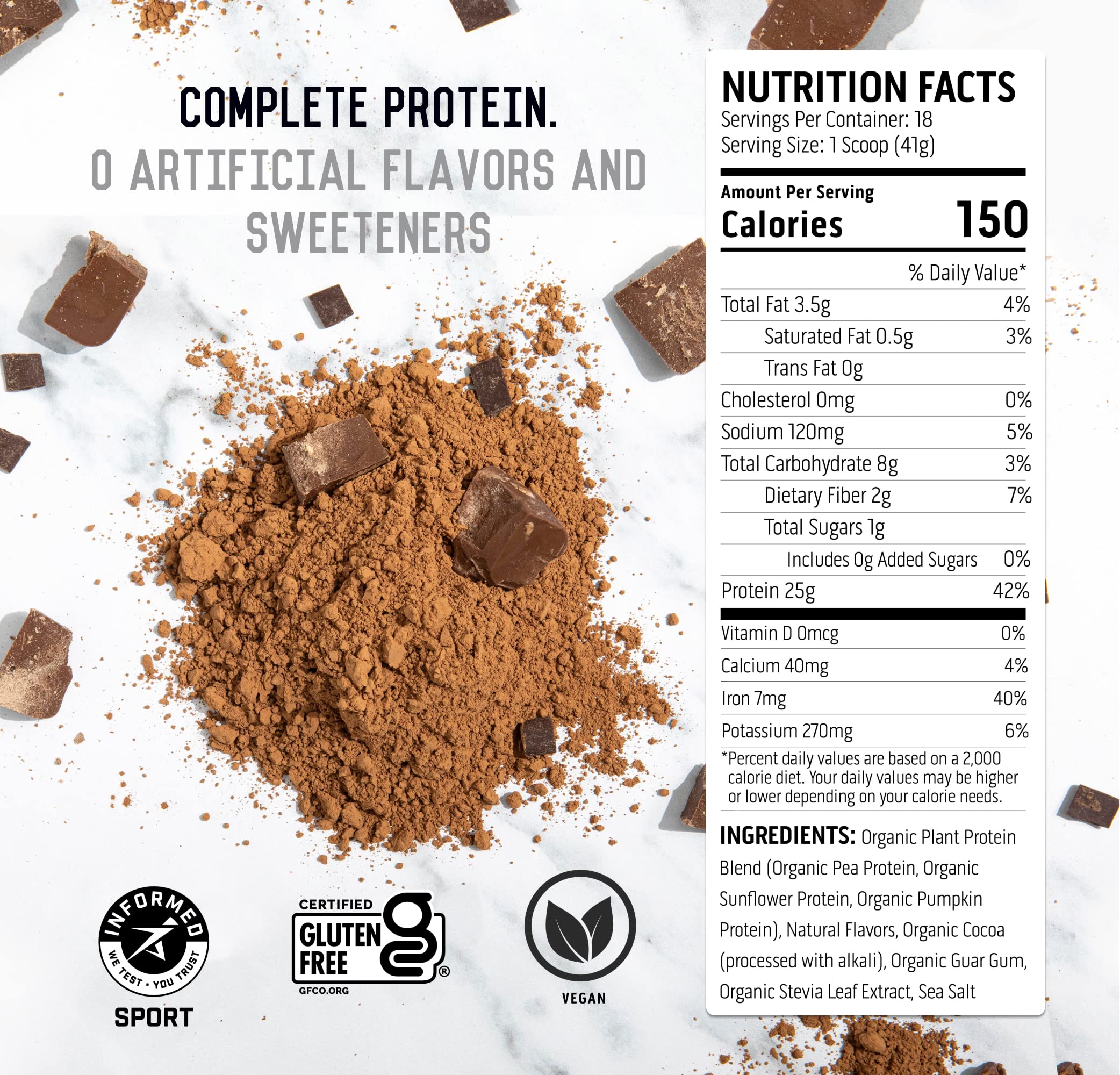 Ascent Plant Based Vegan Protein Powder - Dairy Free, Soy Free, Gluten Free, No Added Sugar, 4g BCAA, 2g Leucine - Chocolate Flavor (18 Servings) for Post Workout Recovery & Muscle Growth