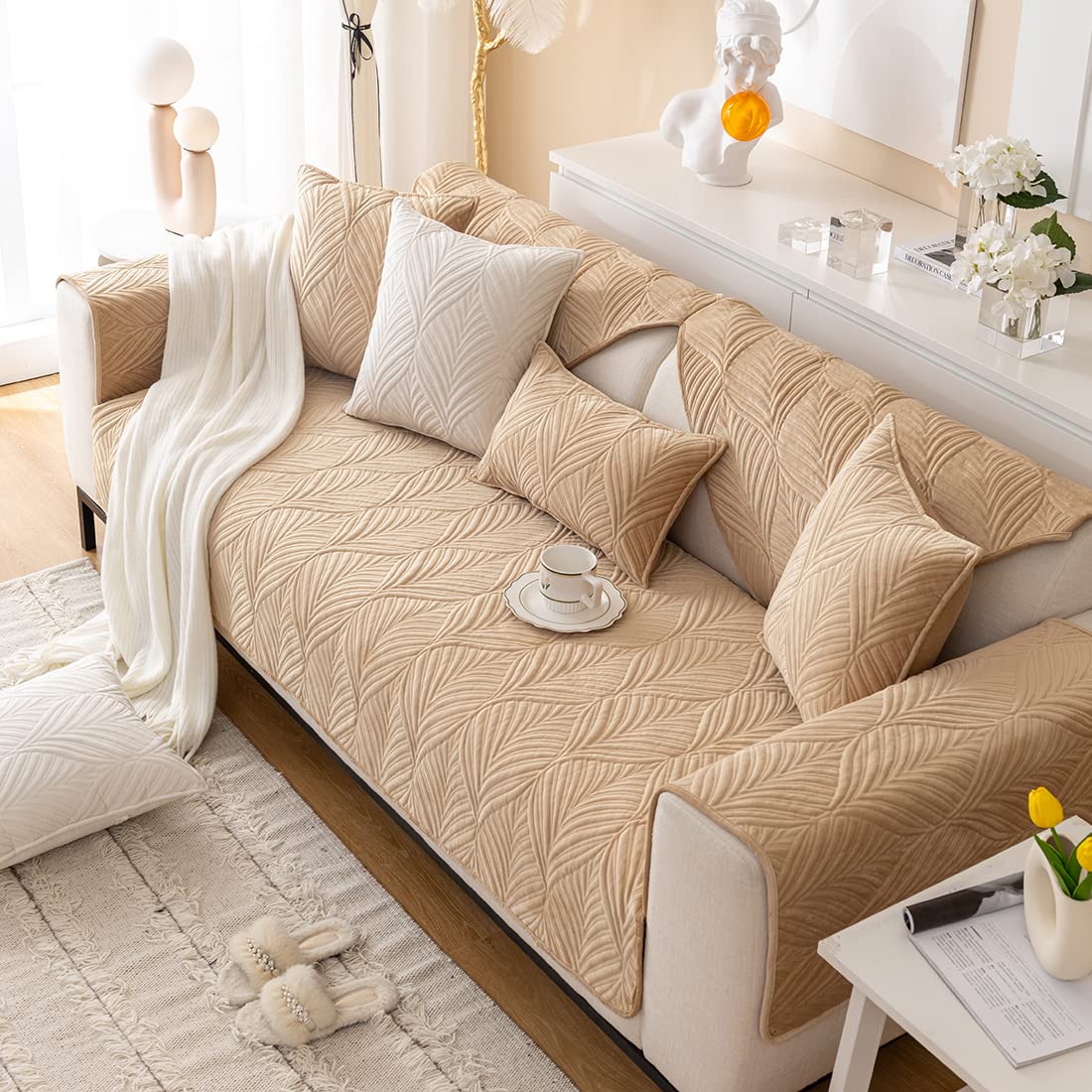VCTOPS Super Soft Velvet Quilted Sofa Cover - Non-Slip Sectional Couch Protector with Leaf Pattern, Plush Furniture Slipcover for Living Room (36