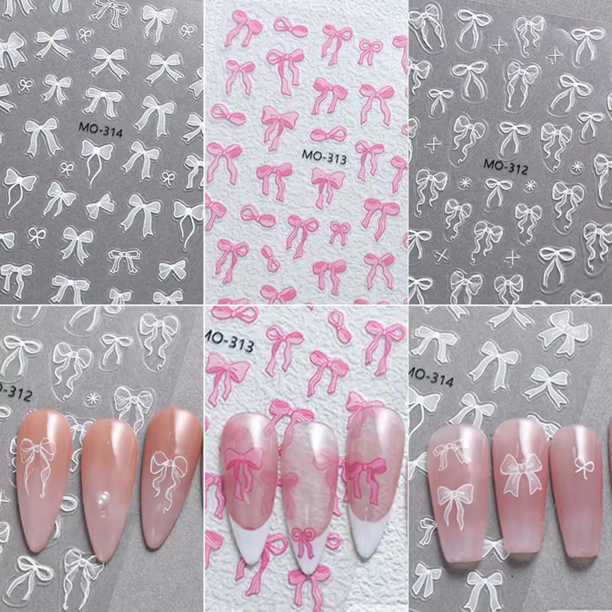 5D Embossed Bow Nail Art Stickers - 3PCS Pink & White Bowknot Nail Decals, Cute Ribbon Bow Tie Design Nail Adhesive Sliders - Kawaii Manicure Accessories for Women & Girls - Perfect for DIY Nail Art, Party Decorations, and Gift Giving