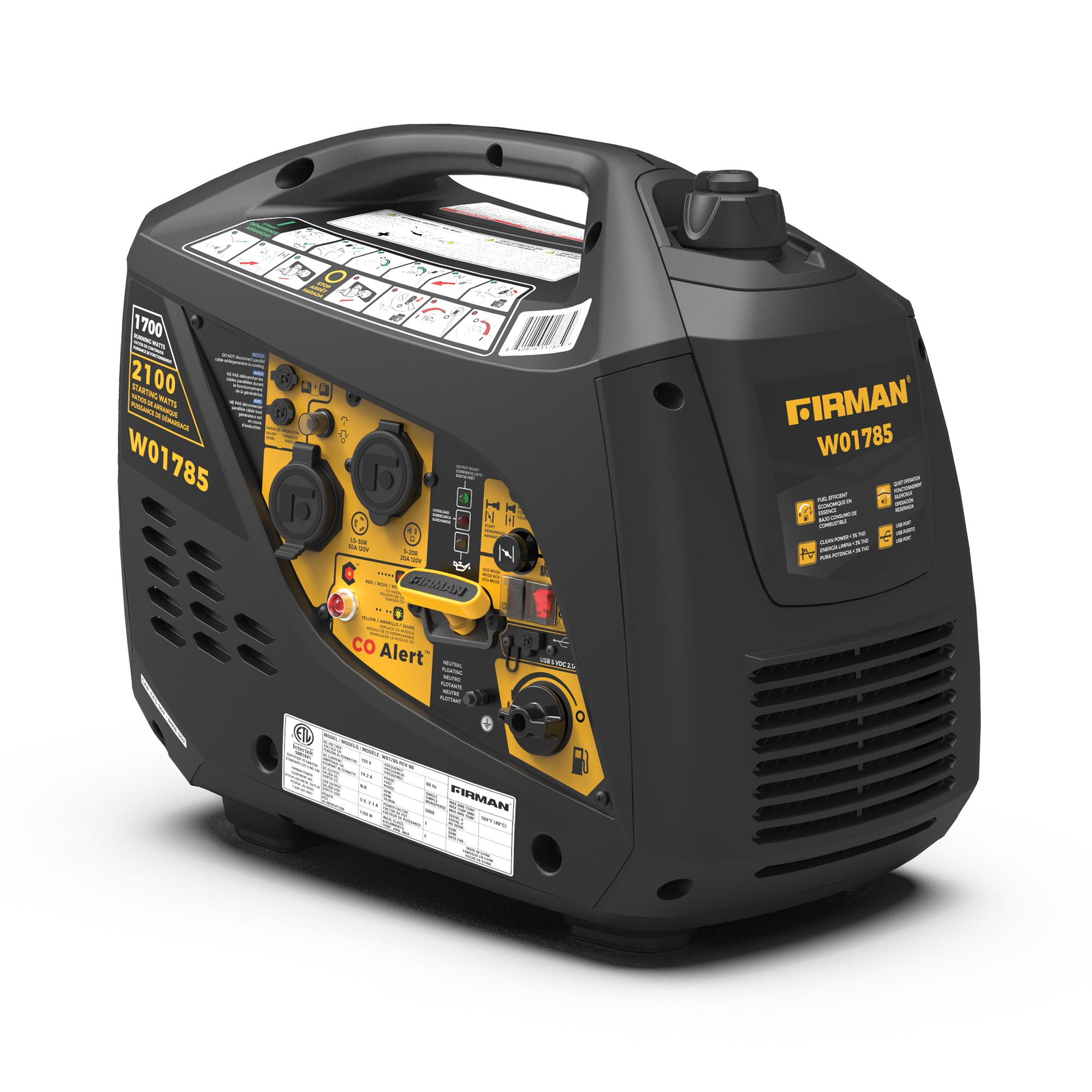 2100W Portable Inverter Generator with Recoil Start & CO Alert - Quiet, Lightweight Power for Camping, RV Trips & Emergency Backup