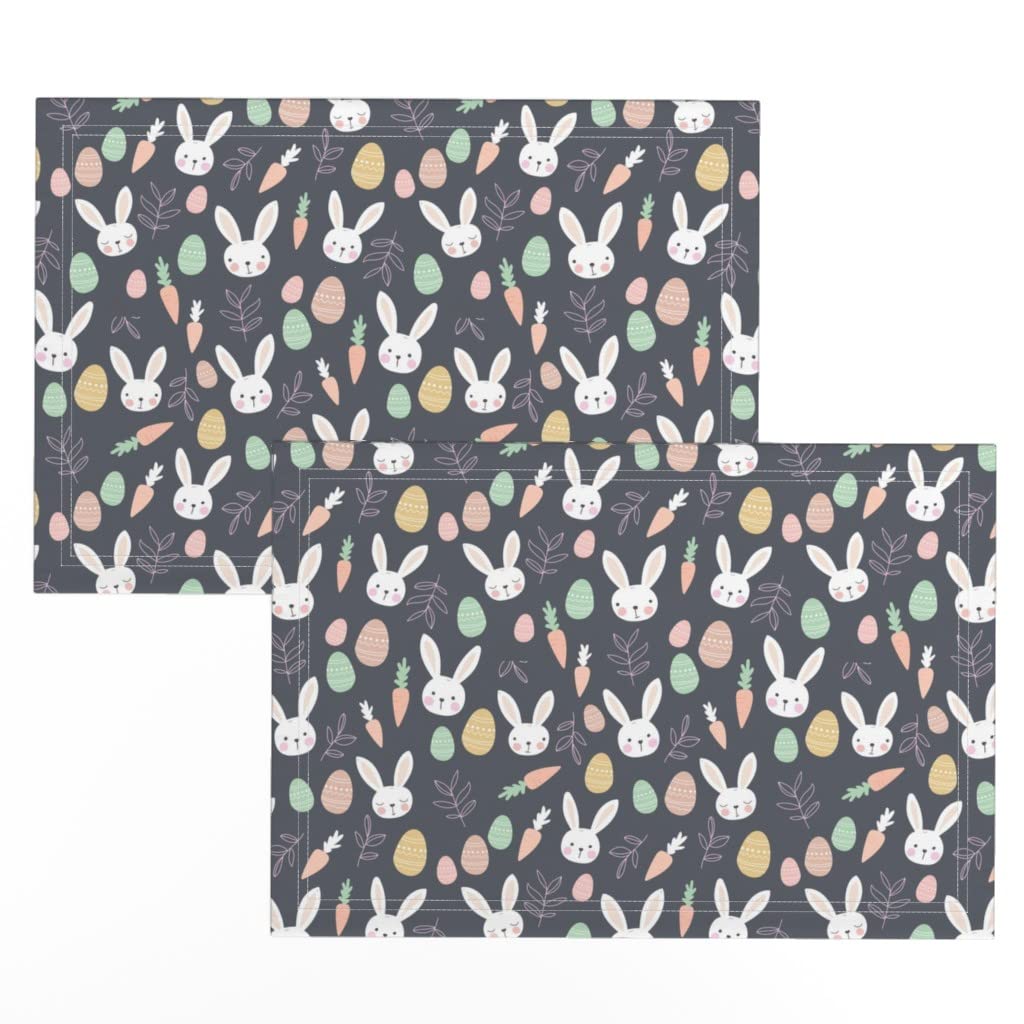 Linen Cotton Canvas Placemats Set of 2 - Spring Bunnies Easter Eggs Pastel Animal Print Table Mats for Dining Decor, Kitchen Table Setting, Easter Brunch Party Decoration