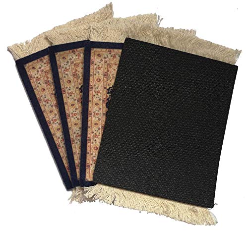 Oriental Design Fabric Carpet Coasters Set of 4 - Non-Slip Drink Mats with Tassels for Coffee Tables, Sofa Tables & Home Decor (Beige Pattern)