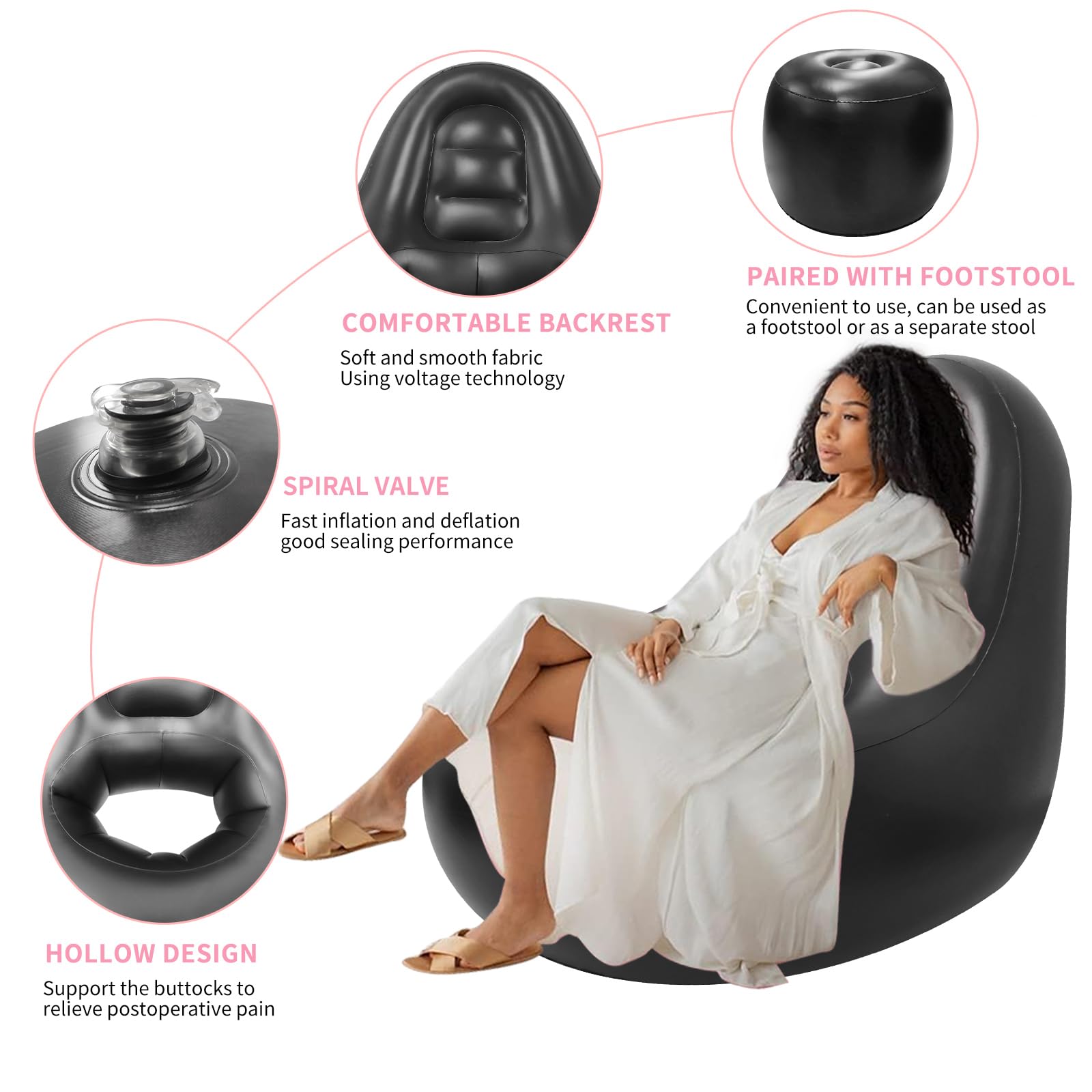 Inflatable Chair Sofa with Hole for Post-Surgery Recovery - BBL Support Cushion with Electric Air Pump & Ottoman - Comfortable Seating for Brazilian Butt Lift, Pregnancy & Relaxation (Black) - Perfect for Home, Hospital & Office Use