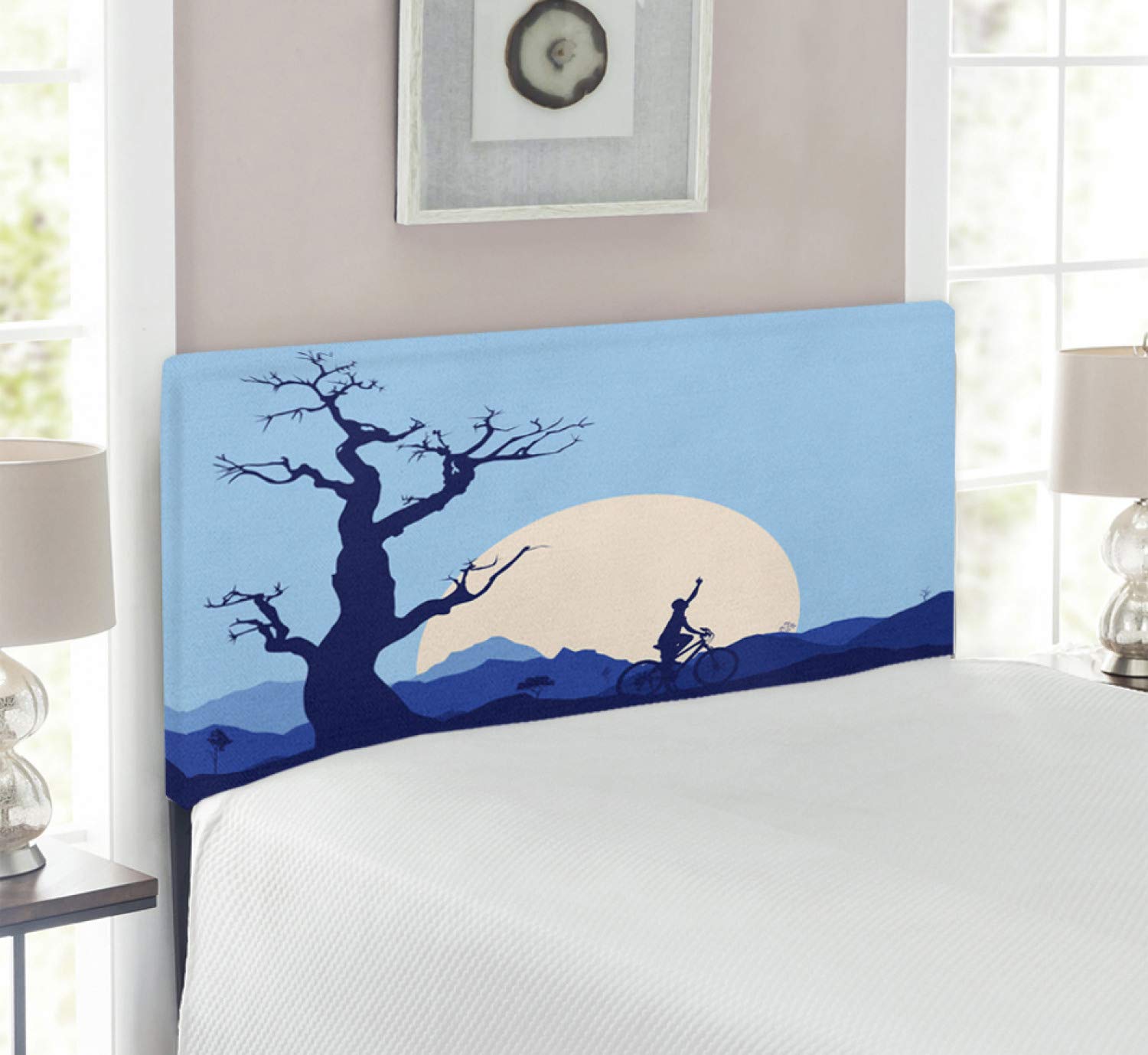 Ambesonne Nature Headboard - Rising Moon in Forest with Boy Cycling Print, Upholstered Metal Bed Headboard with Memory Foam, Twin Size, Blue & White - Perfect for Kids' Bedrooms, Guest Rooms & Cozy Bedroom Decor
