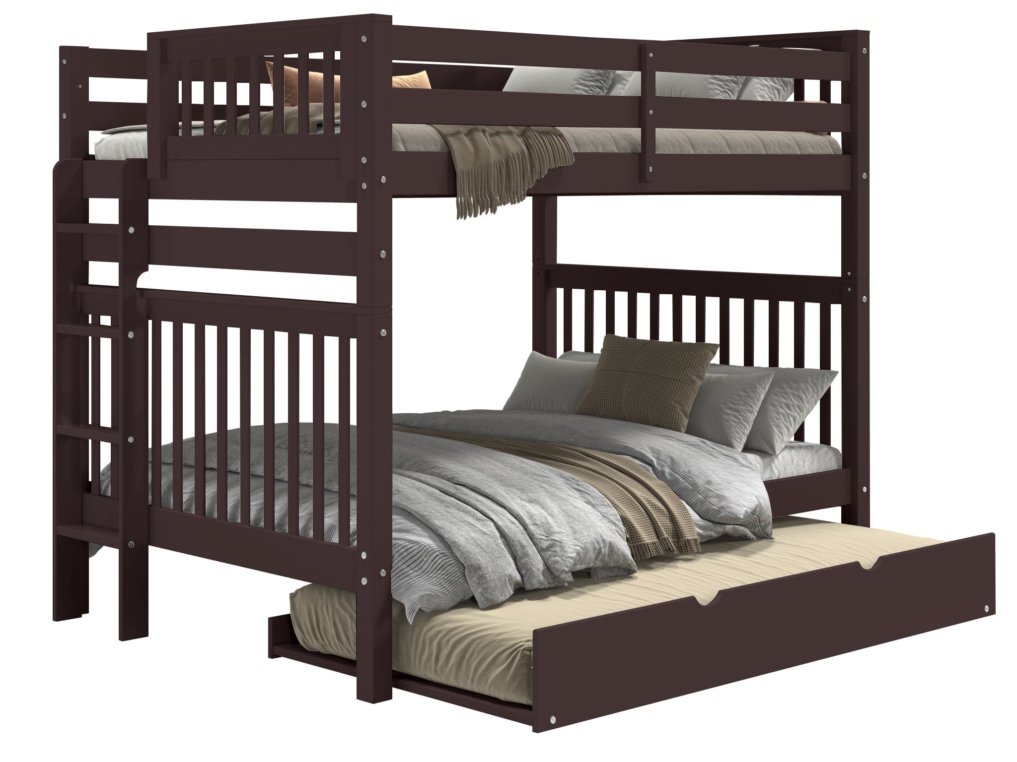 Full over Full Bunk Bed with Twin Trundle - Dark Cherry Wood - Space Saving Kids & Guest Bedroom Furniture for Small Rooms, Dorms, and Vacation Homes