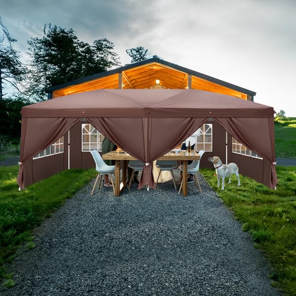 10x20 Ozark Trail Folding Canopy Tent - UV Coated Waterproof Outdoor Event Shelter with Wheeled Carry Bag - Perfect for Beach, Patio, Camping & Backyard Parties (Dark Coffee, 4 Panels, 2 Windows)