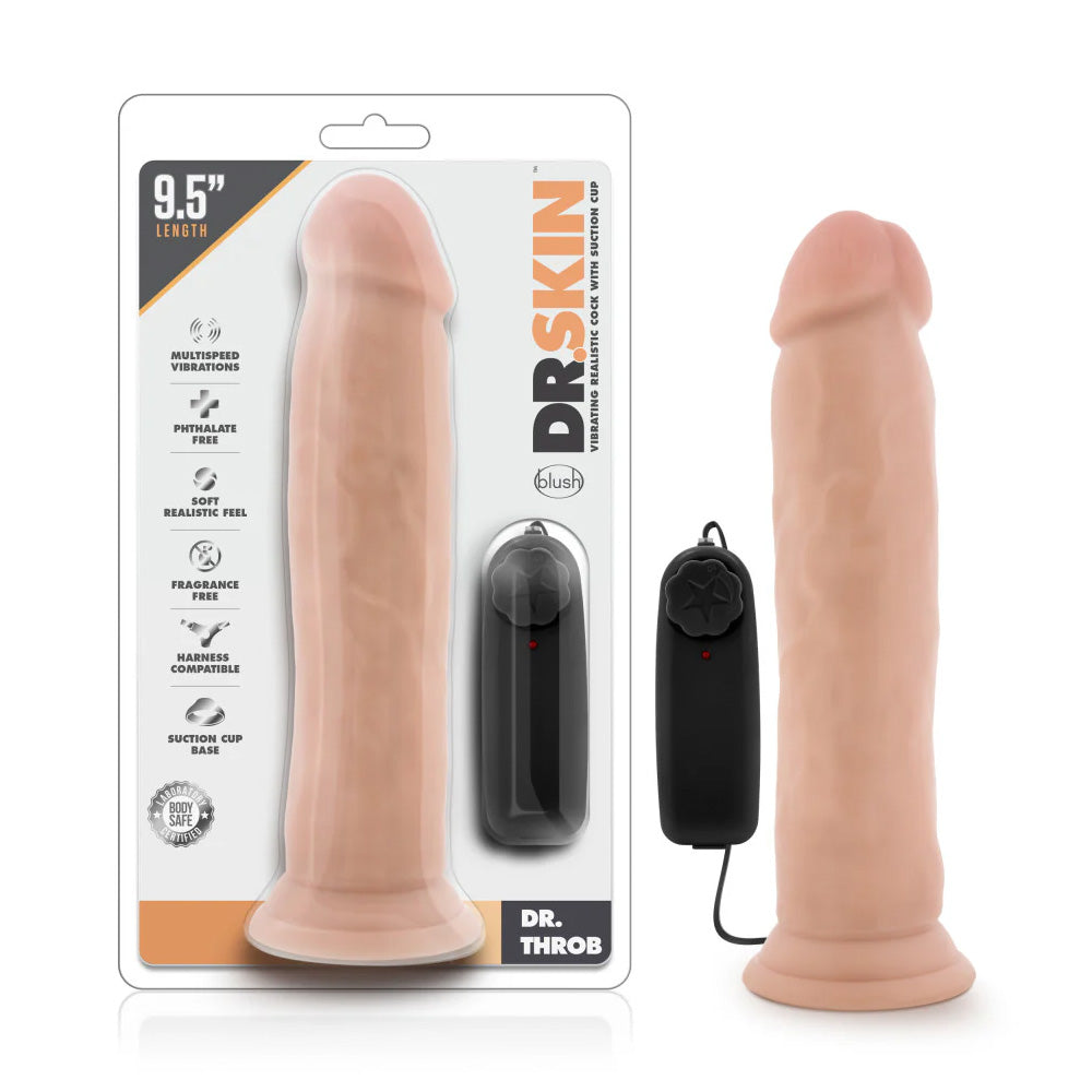 Dr. Skin Dr. Throb Realistic 9.5 Inch Vibrating PVC Dildo - Powerful Multi-Speed Adult Toy for Couples & Solo Play, Waterproof for Shower & Bedroom Use
