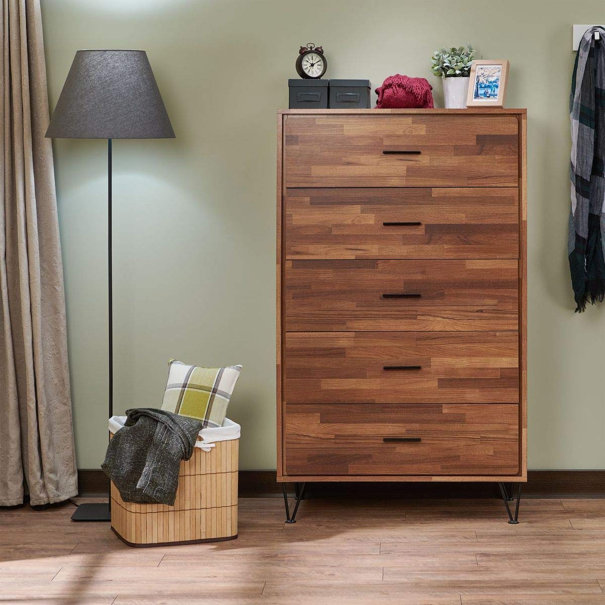5-Drawer Dresser Storage Cabinet - Solid Walnut Wood Chest of Drawers with Antique Handles for Bedroom, Living Room & Nursery - Easy Assembly for Home Organization & Closet Storage