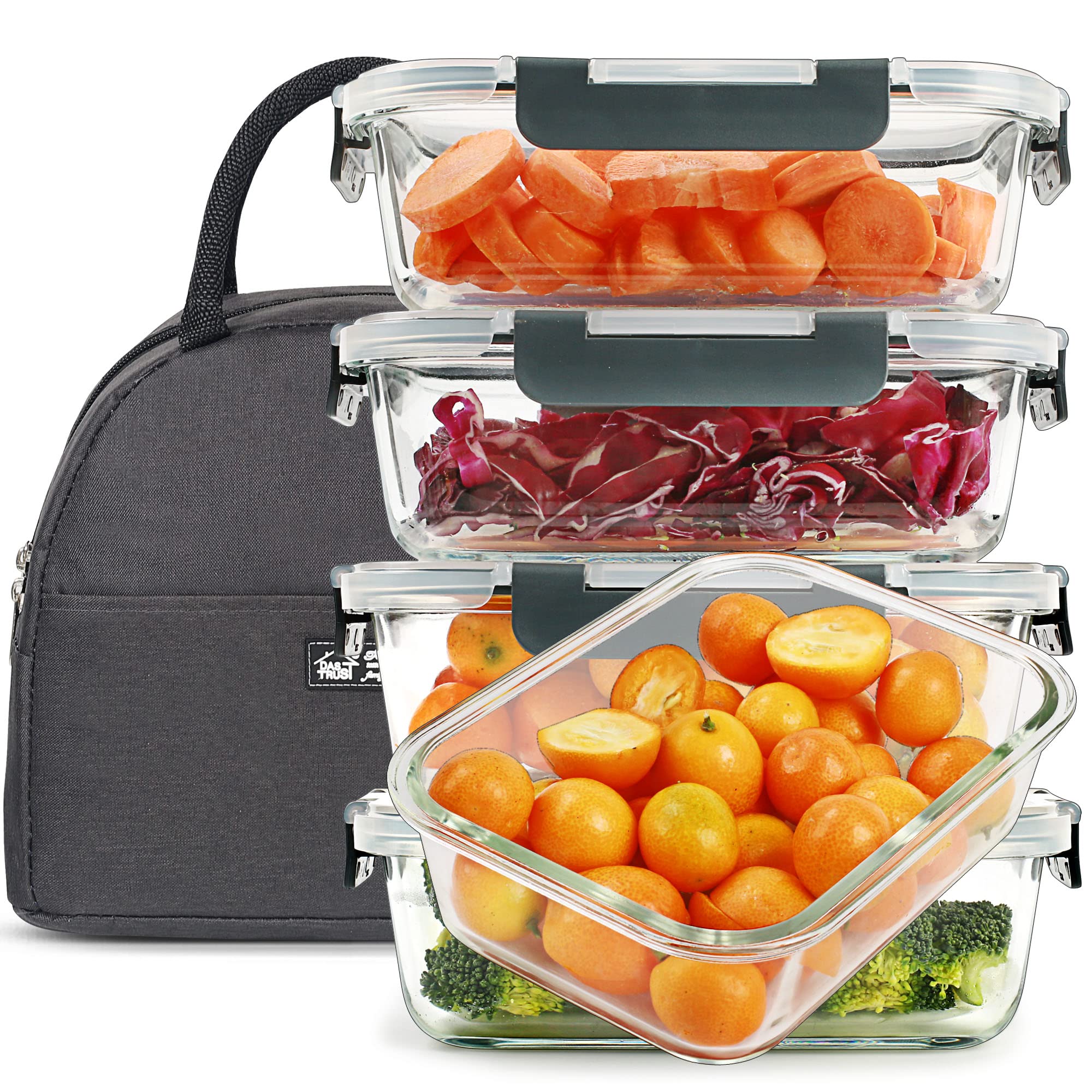 5-Pack 36oz Glass Food Storage Containers with Airtight Lids - BPA-Free Meal Prep Containers for Adults, Reusable Fridge Organizers for Pizza, Salad, Leftovers & Lunch Storage - Perfect for Kitchen, Office & Picnic Use