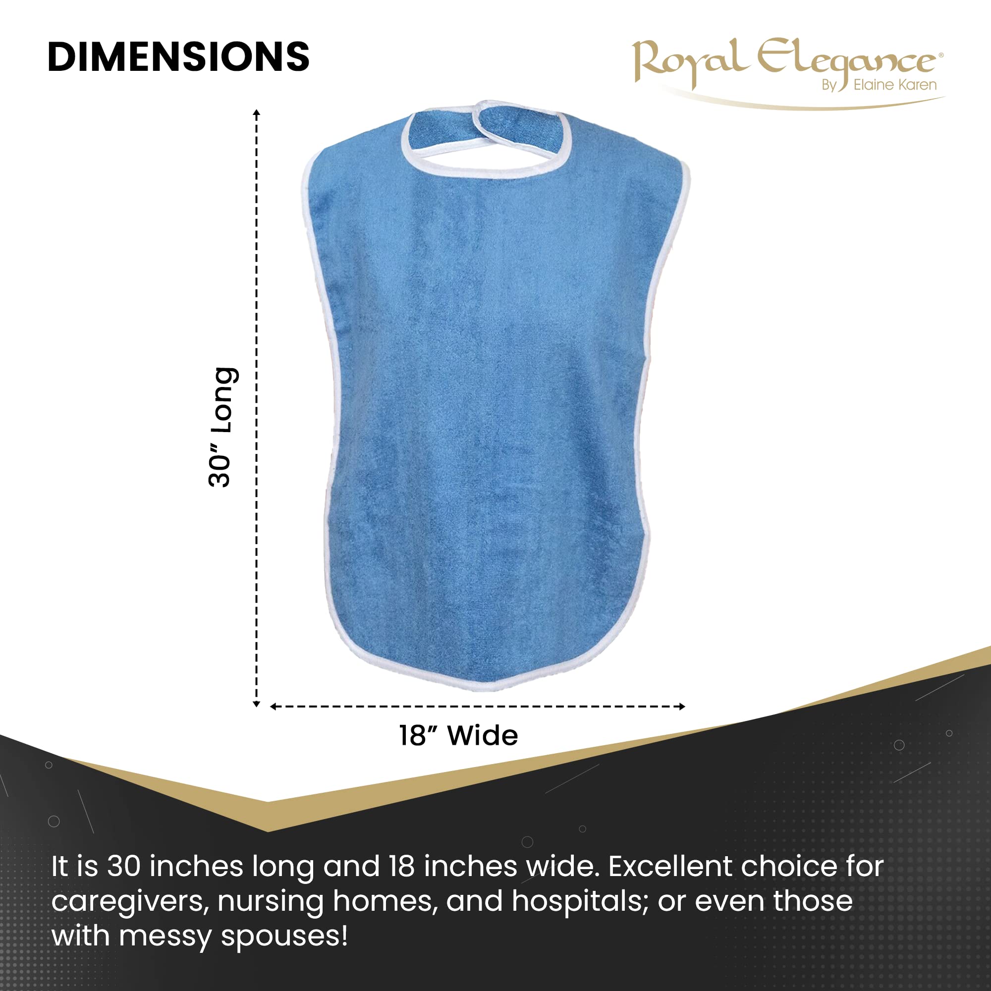 Elaine Karen 6 Pack Premium Adult Bibs for Women & Men - Adjustable Terry Cloth Bibs for Elderly, Seniors & Disabled - Machine Washable Clothing Protectors (Blue) - Perfect for Dining, Nursing Homes & Mealtime Protection