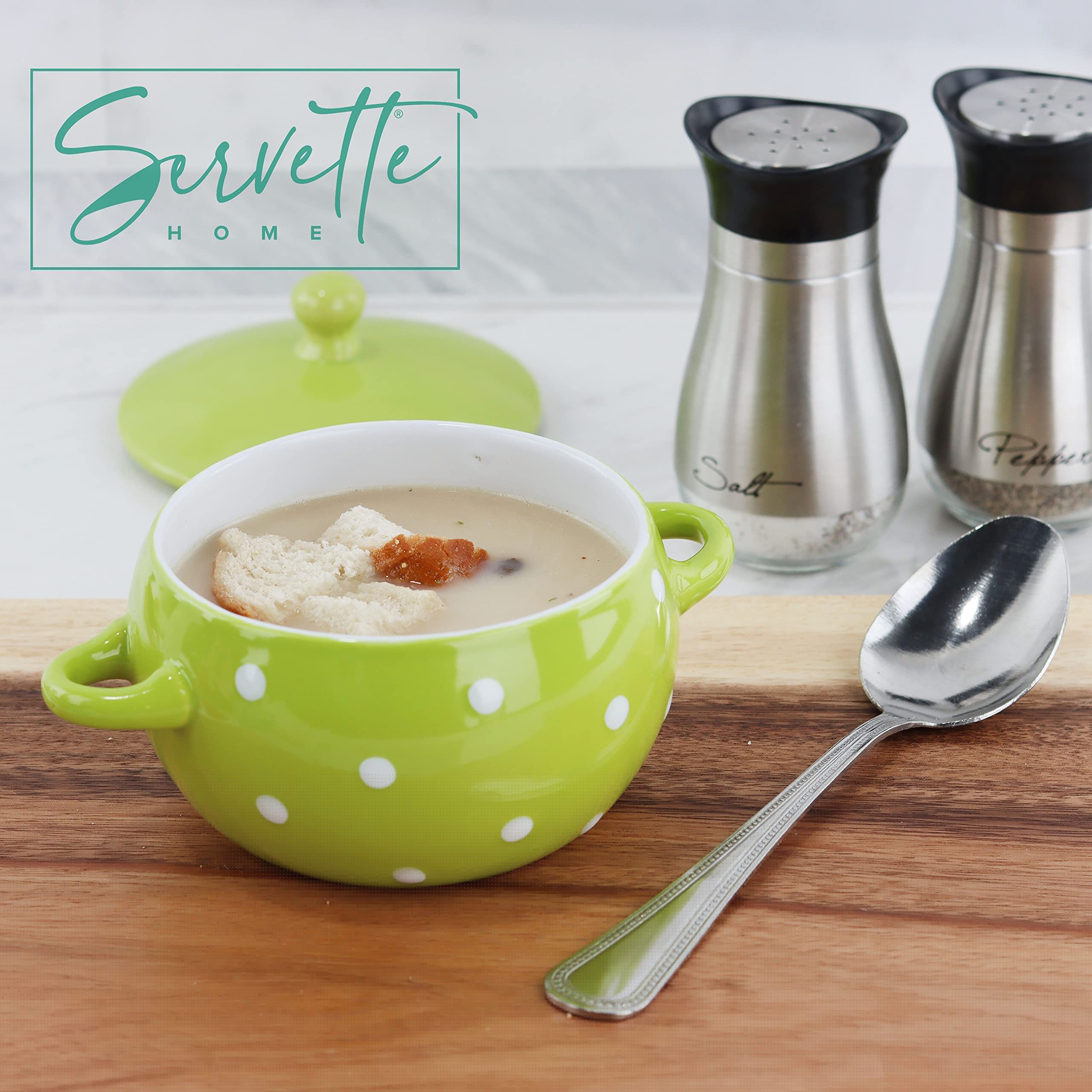 Servette Ceramic Soup Bowls with Handles and Lids - Set of 2 Polka Dot Bowls in Orange & Green - Perfect for Home Dining, Soup, Cereal, and Pasta Serving