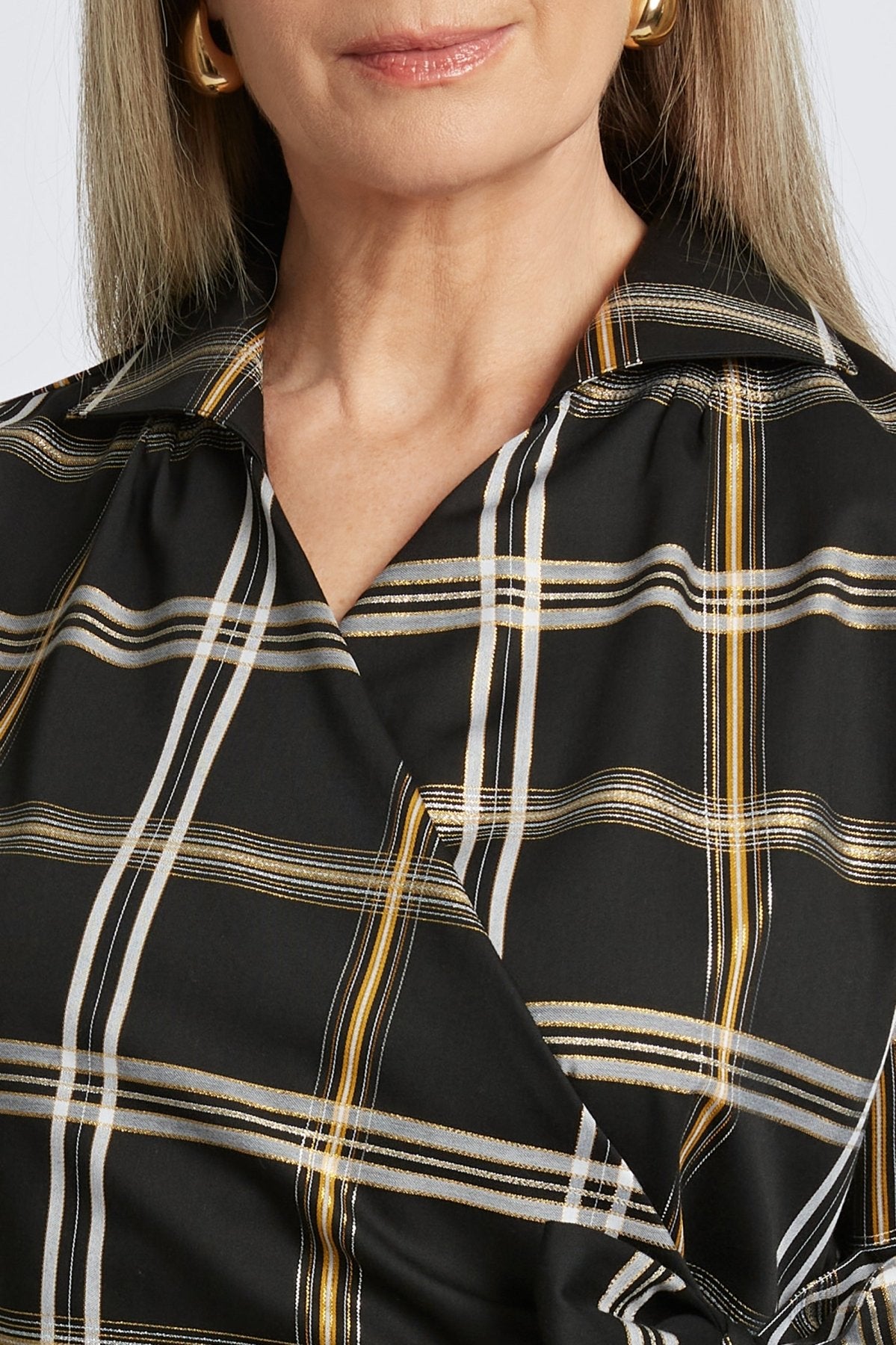 Salina Gold & Silver Lurex Plaid Long Sleeve Shirt for Women - Elegant Party Top for Holiday Gatherings & Night Out