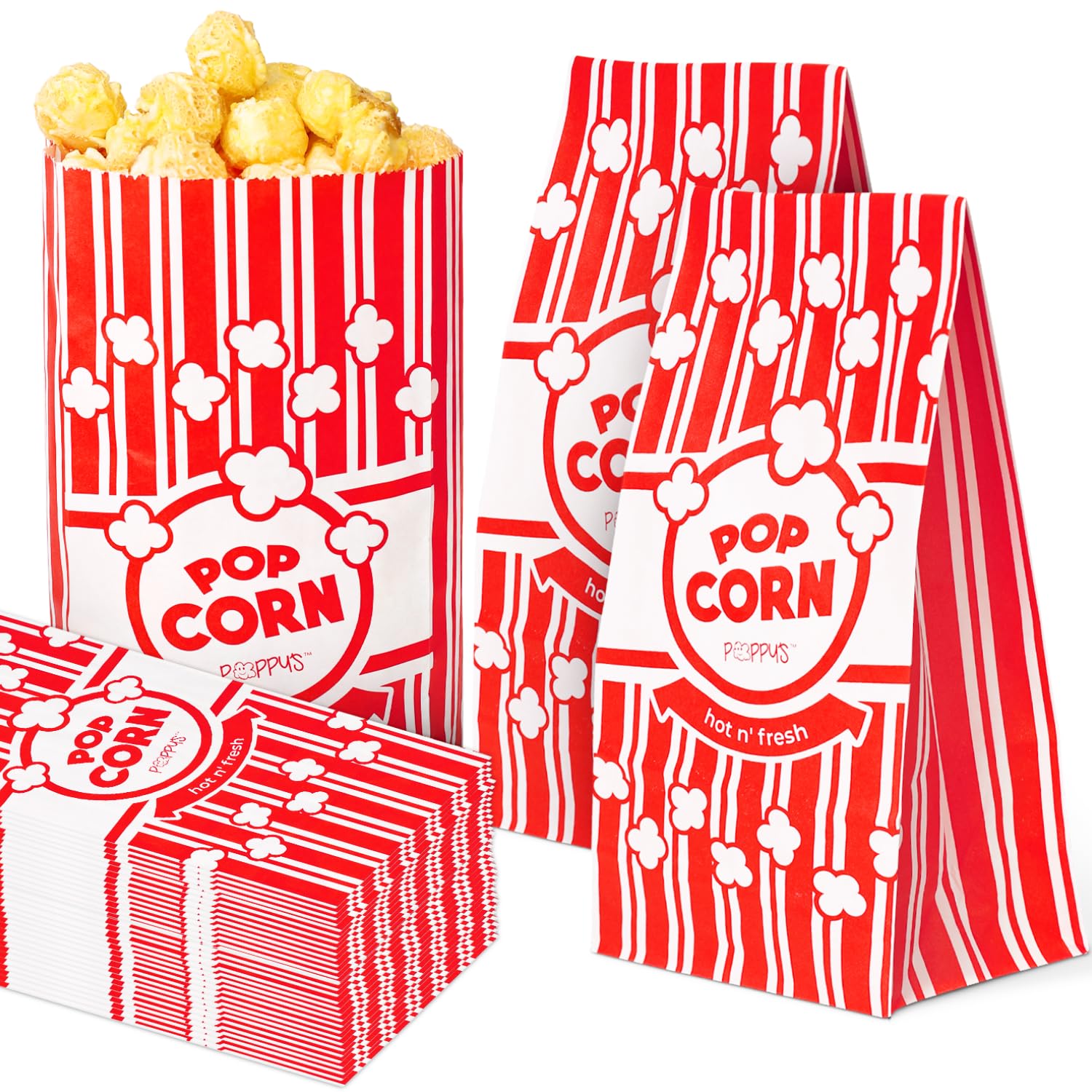 Poppy's Flat Bottom Paper Popcorn Bags – 25 Pack 2 oz Concession-Grade Popcorn Bags for Popcorn Machines, Perfect for Movie Theaters, Home Theater Nights, Carnivals and Concession Stands
