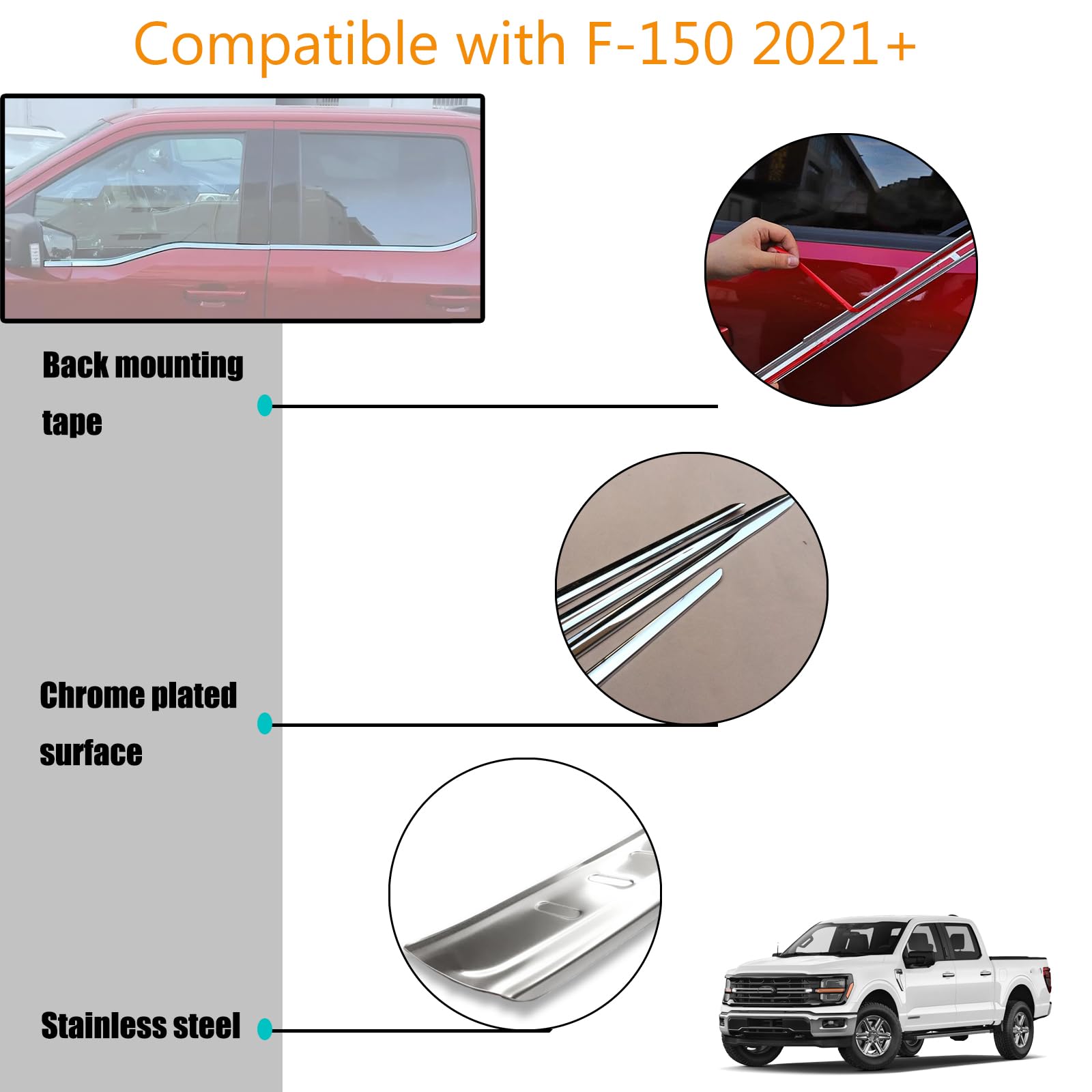 Ford F-150 F150 2023 2024 2025 Chrome Door & Window Edge Trim Guards - Stainless Steel Exterior Protector Covers for Truck Bed & Trunk - Prevent Scratches & Dents While Parking