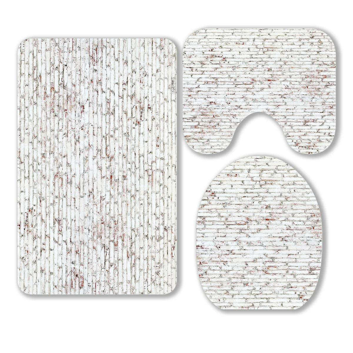 ECZJNT 3-Piece Bathroom Rug Set - Old Brick Wall Design with White & Red Bricks, Non-Slip Bath Mat, Contour Mat & Toilet Lid Cover | Vintage Style Bathroom Decor for Home, Apartment, Dorm