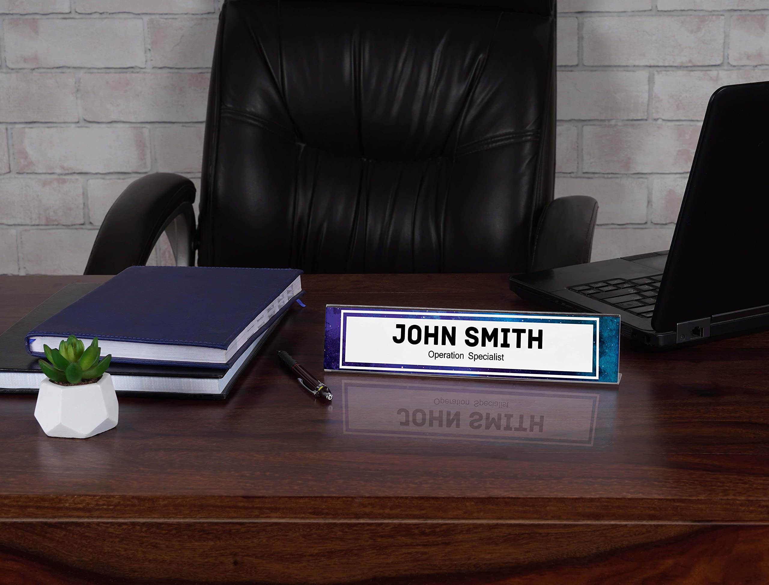Custom Acrylic Office Desk Name Plate - Personalized 2x10 Inch Pretty Universe Design - Perfect for Office Decor, Workstation Organization & Professional Gifts