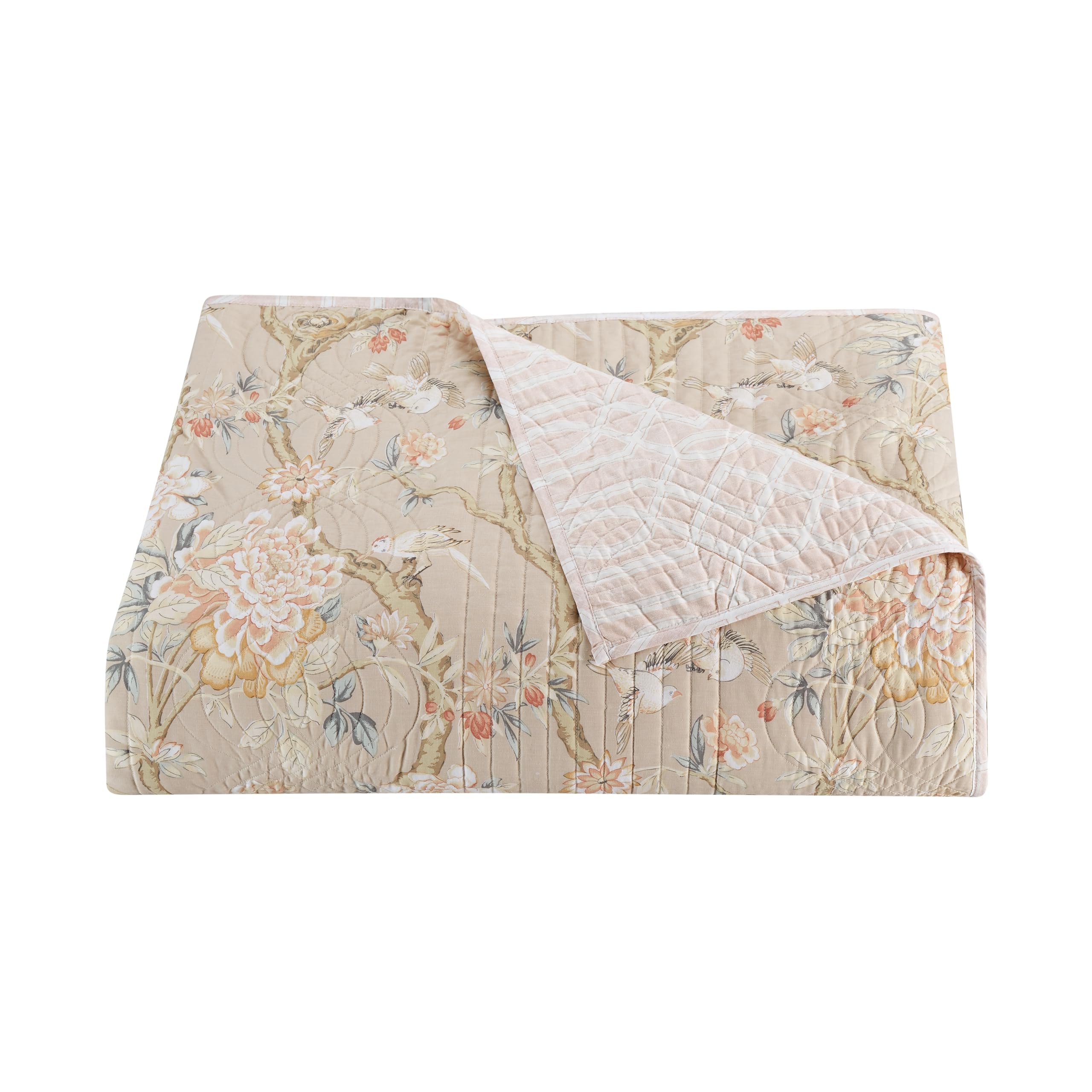 Waverly Peony Gardens 3-Piece Cotton Quilt Set - All Season Embellished Bedding with Quilt, Bed Skirt & Pillow Sham - Machine Washable Twin Size in Taupe - Perfect for Guest Rooms, Dorm Decor & Cozy Bedroom Makeovers