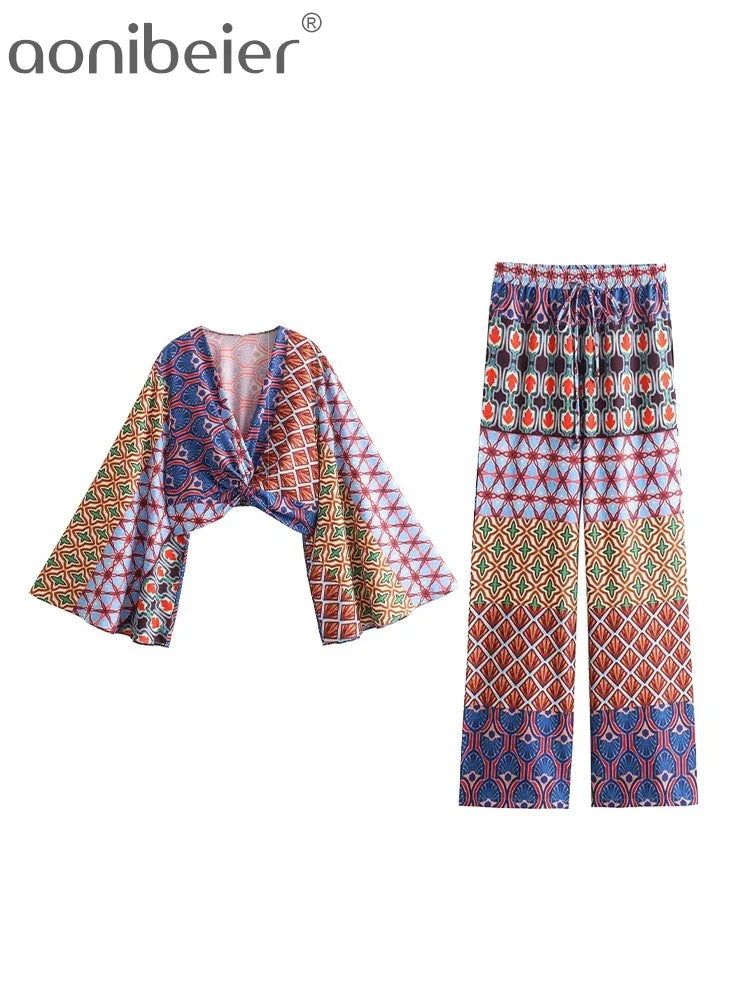 Aonibeier Women's Printed Slim Shirt & Wide Pants Suit Set - Summer Flare Sleeve Knot Front V-Neck Crop Top Y2K Outfit for Casual Wear, Beach Vacation, and Street Fashion