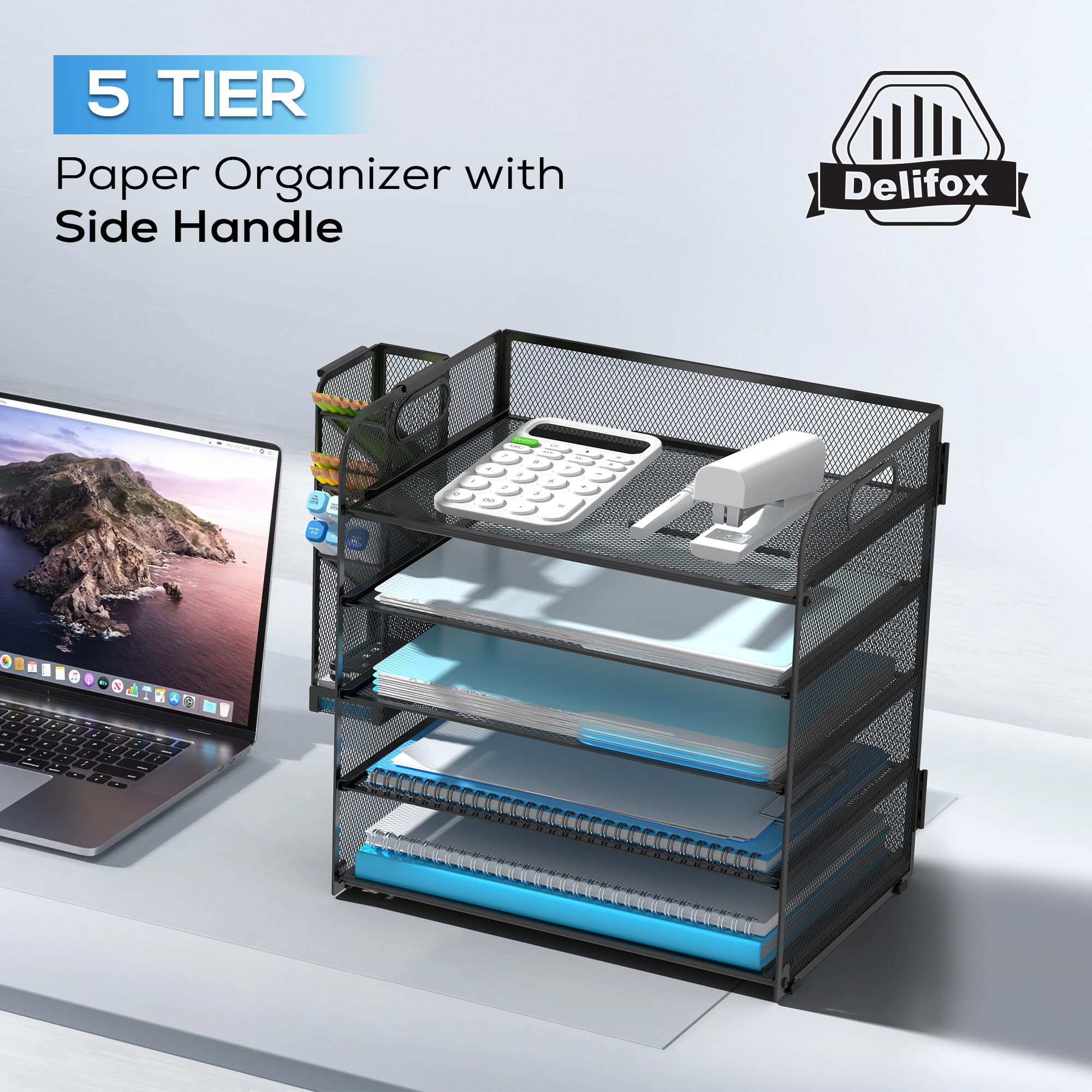 5 Tier Desk Organizer with Handle & Removable Pen Holders - Black Office Supplies for Home & Office Organization, Perfect for Desk Accessories, School Supplies, and Workspace Storage