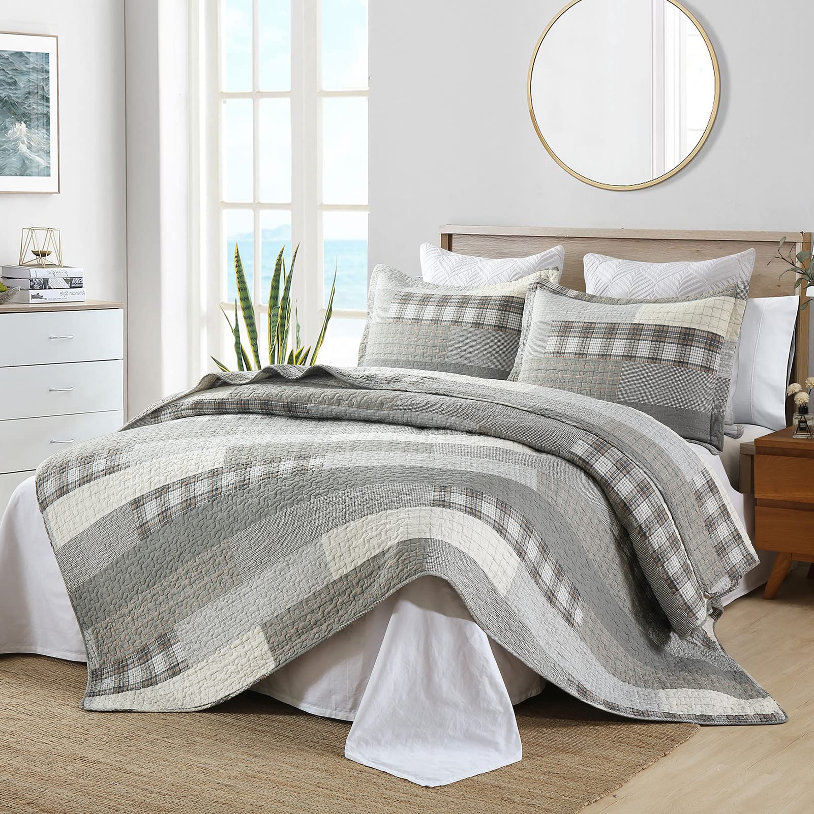 Y-PLWOMEN 100% Cotton Queen Size Quilt Set - Lightweight Reversible Farmhouse Plaid Bedspread (3-Piece) | Grey All-Season Quilted Bedding for Cozy Home Decor | Perfect for Master Bedroom, Guest Room & Farmhouse Style