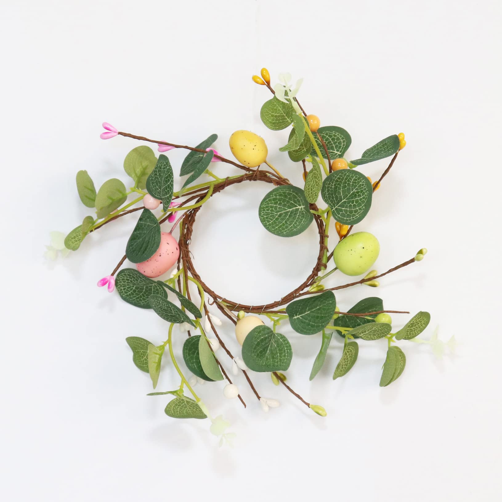 2 Pcs Easter Egg Candle Rings Wreaths - Spring Egg & Berry Decor, Artificial Eucalyptus Candle Holder, 7