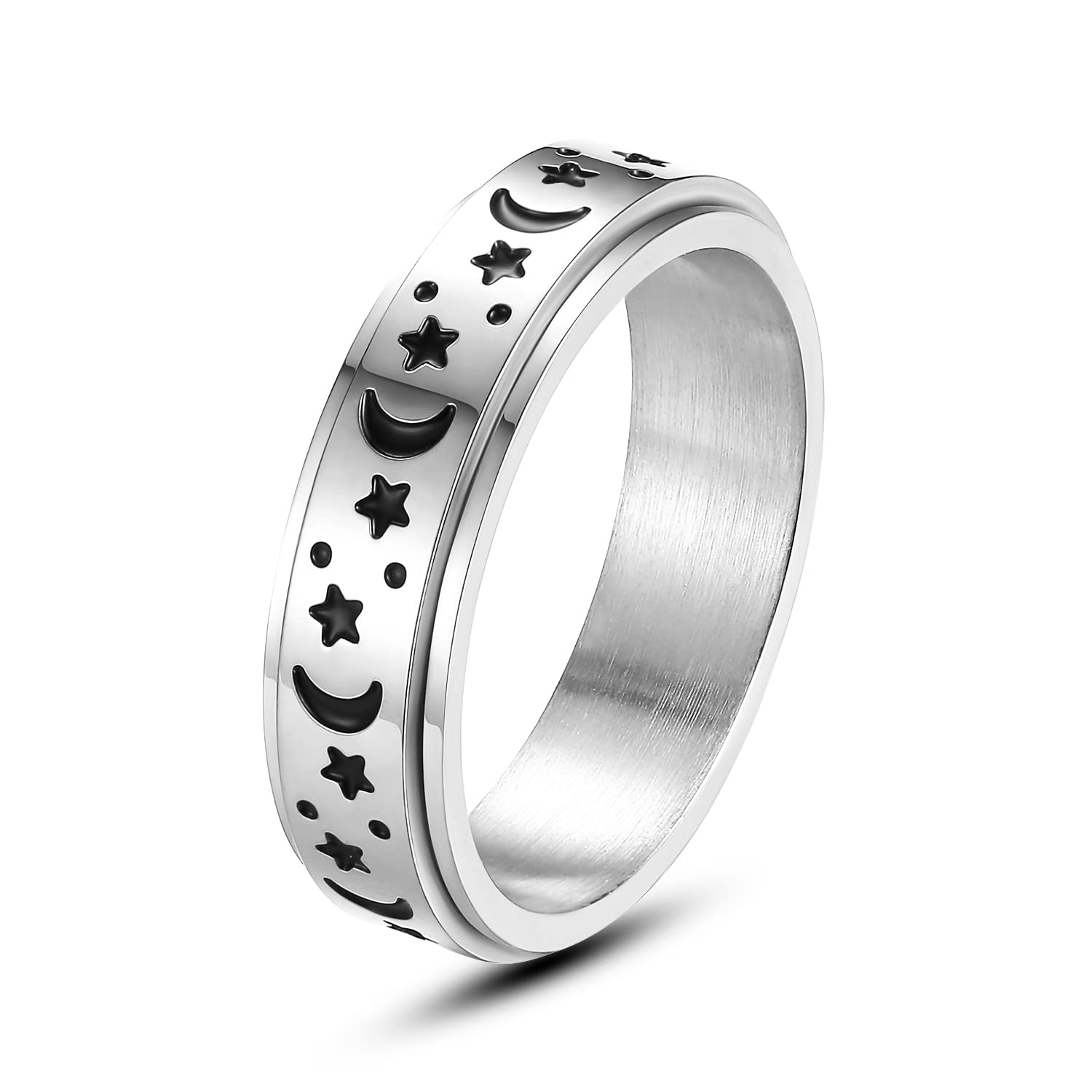 Moon Star Anxiety Spinner Ring - Stainless Steel Rainbow Pride Band for Women - Perfect for Stress Relief & Focus