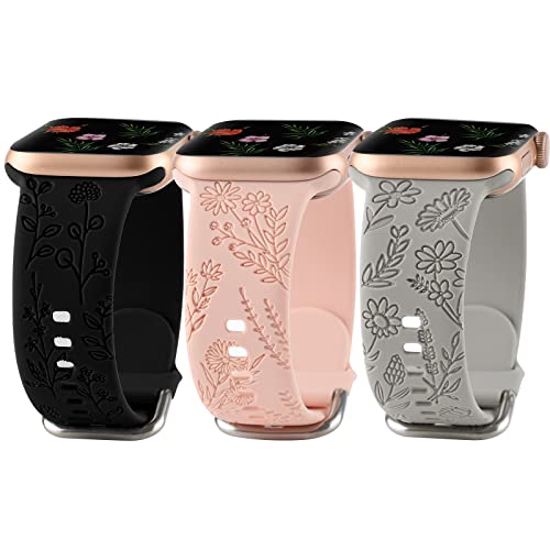 Floral Engraved Sport Bands for Apple Watch 38mm 40mm 41mm - Women's Cute Flower Pattern Soft Silicone Strap Compatible with iWatch Series 8/7/6/5/4/3/2/1/SE - Perfect for Workouts, Running & Everyday Wear