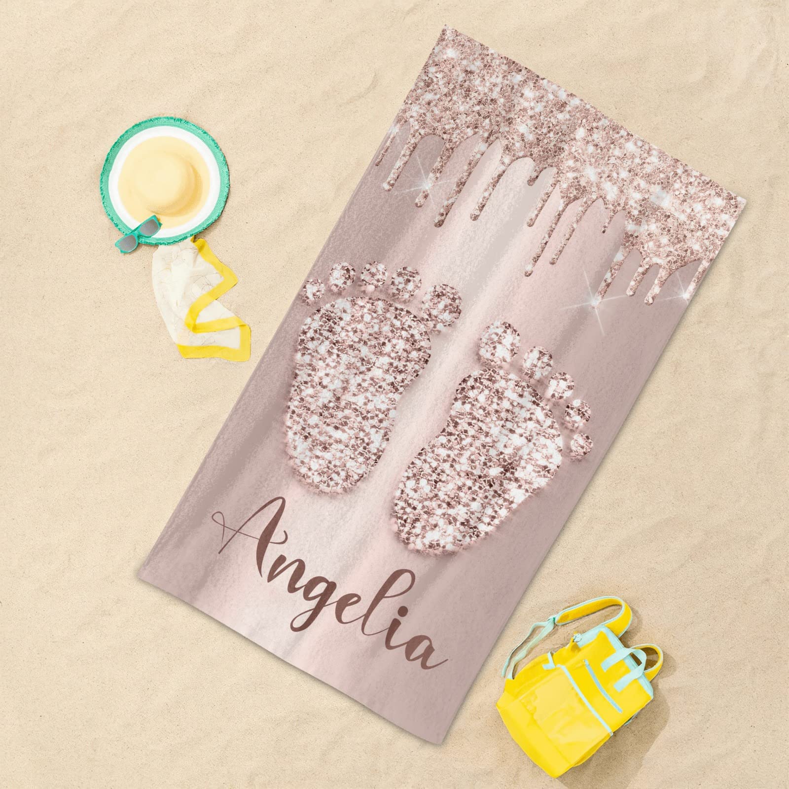 Custom Personalized Beach Towel - Monogrammed Bath & Swim Towel for Kids, Men, Women | Soft Quick-Dry Sandproof Blanket for Pool, Vacation, Summer Travel (Rose Gold Footprint Design)