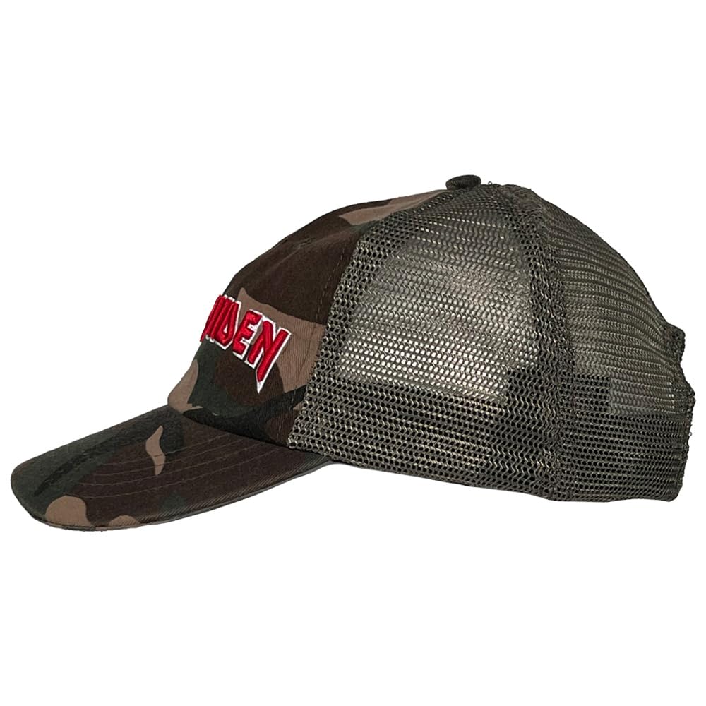 Iron Maiden Logo Camo Trucker Hat - Official Band Merchandise | Adjustable Snapback for Men & Women | Perfect for Concerts, Festivals & Outdoor Activities