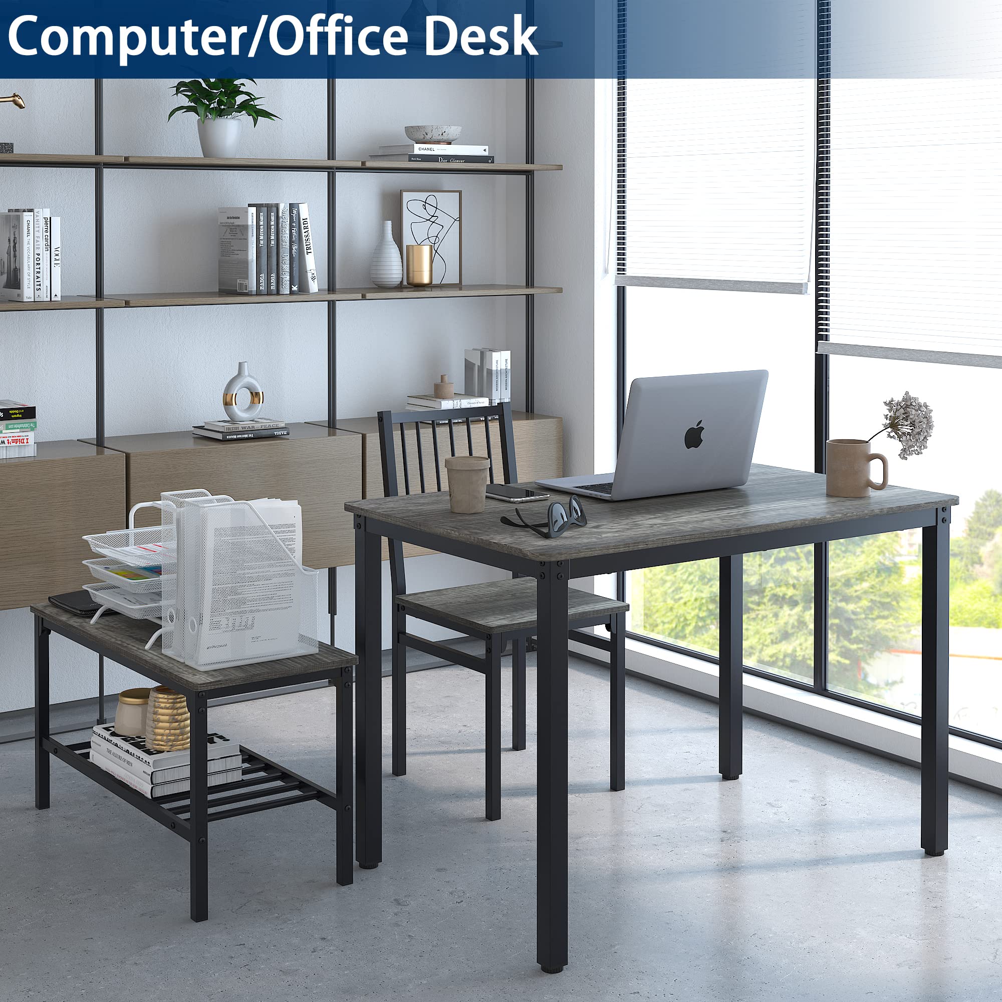 **Teraves 4-Piece Dining Table Set with 2 Chairs & Bench - 120cm Kitchen Table, Computer Desk, Black Oak & Black Frame - Perfect for Small Spaces, Dining Rooms & Home Offices**