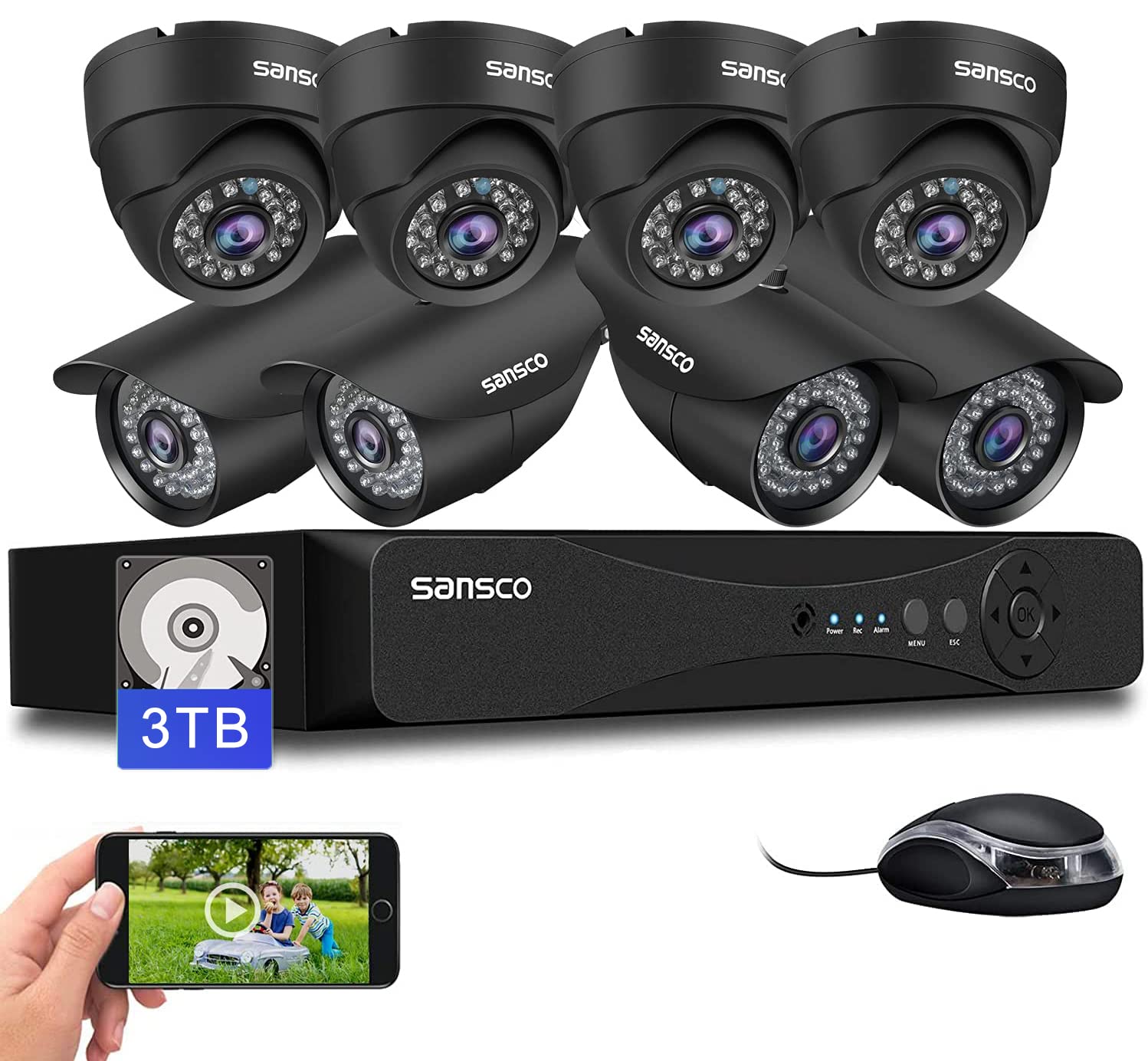 8 Channel 5MP CCTV DVR Security System with 3TB HDD & 8x 2MP Weatherproof Bullet Dome Cameras - IP66 Vandal Proof, Mobile Remote Viewing, Motion Detection Alerts, 24/7 Recording - Ideal for Home & Business Surveillance