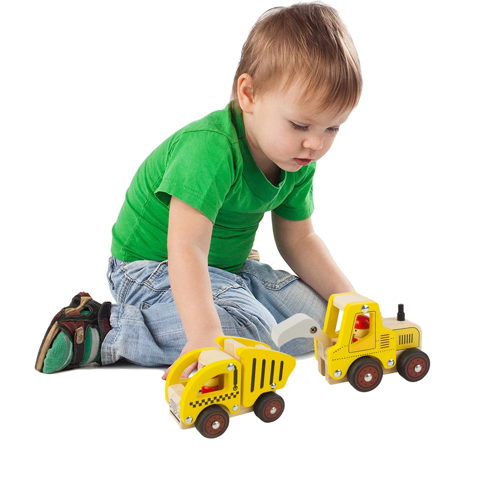 Wooden Push Car Toys for Toddlers 18 Months - 2 Pack Baby Vehicle Toys with Excavator & Truck - Hand Push Cars for 2 Year Old Boys & Girls - Perfect for Indoor Play, Outdoor Activities & Early Childhood Development