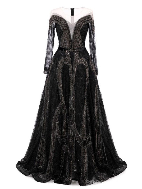 Elegant Black A-Line Long Sleeve Maxi Party Prom Dress for Women - Formal Evening Gown for Homecoming, Wedding Guest & Special Occasions