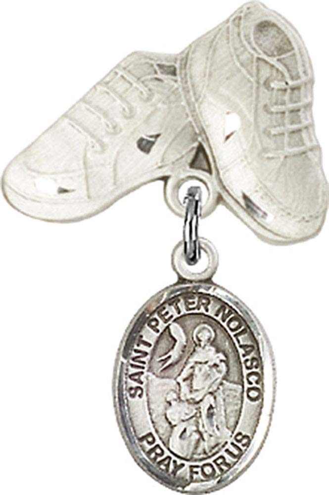 Sterling Silver Baby Badge with St. Peter Nolasco Charm & Baby Boots Pin - Religious Christening Gift for Baptism, First Communion & Baby Blessing Ceremonies