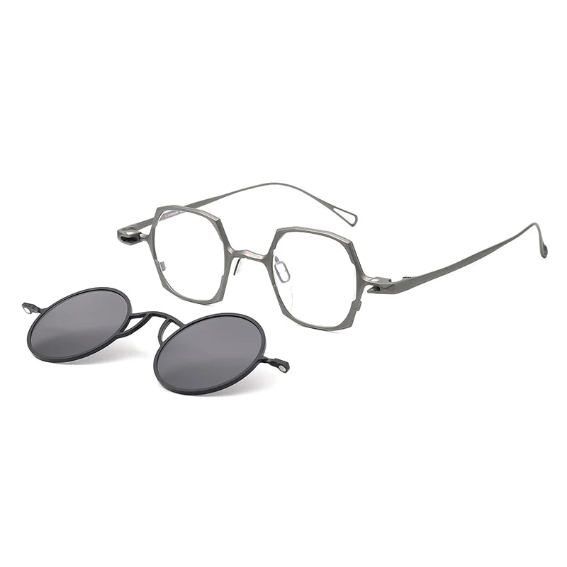 Stylish Aror Unisex Full Rim Polygon Titanium Eyeglasses with Clip-On Sunglasses - Lightweight & Durable Frame for Men & Women - Perfect for Outdoor Activities, Driving, and Fashion Accessories