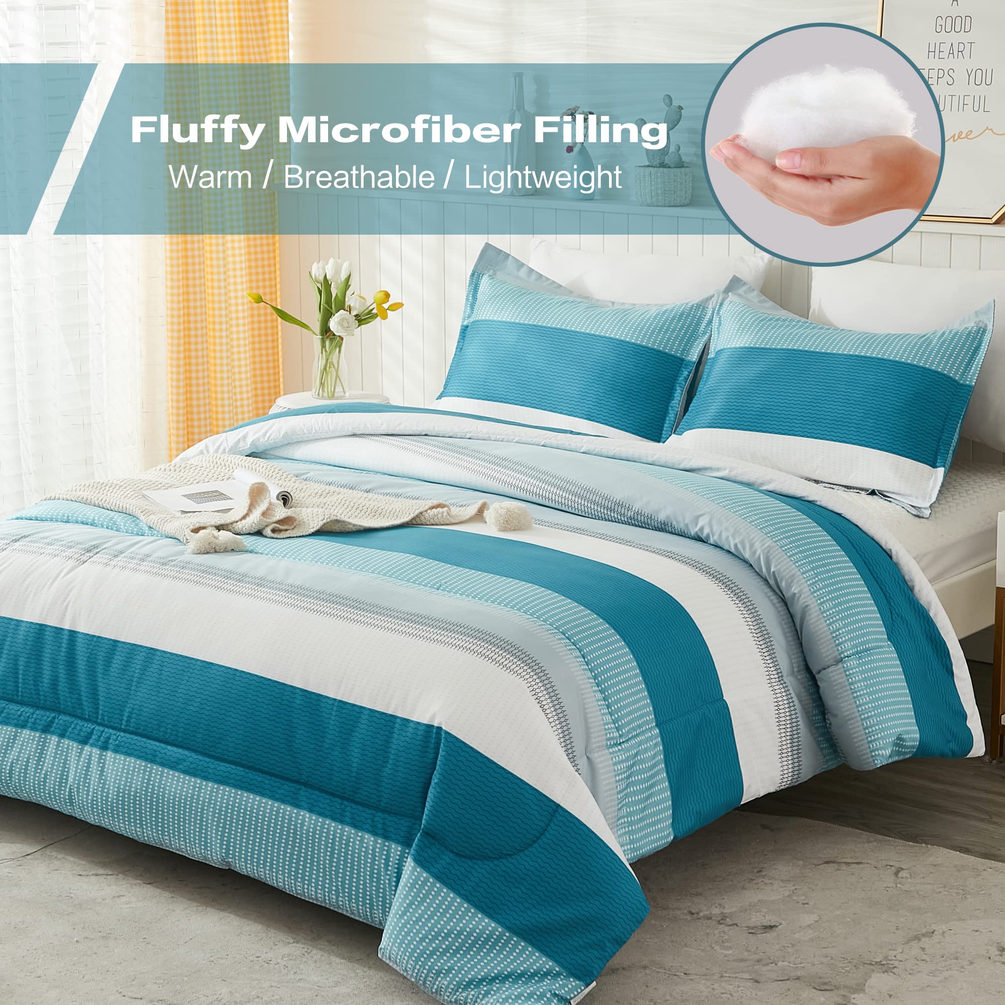 Litanika 3-Piece Full Comforter Set - Lightweight Fluffy Down Alternative Bedding in White & Teal (Comforter + 2 Pillow Shams) | All-Season Soft Microfiber Bedding for Cozy Sleep | Perfect for Guest Rooms, Dorms & Master Bedrooms