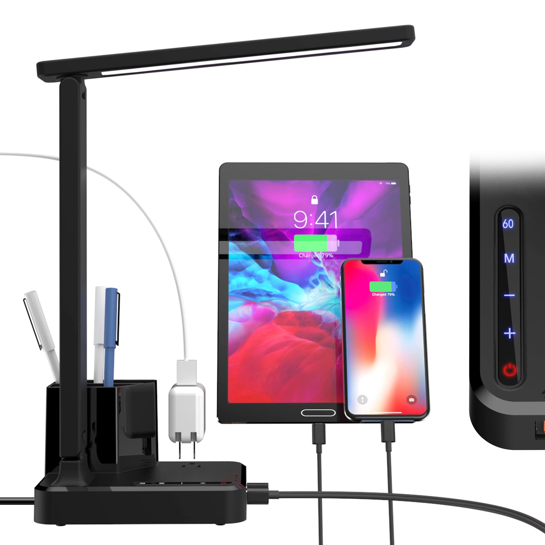 Adjustable Dimmable LED Desk Lamp with USB/Type-C Charging Port, Pen Holder & Storage Box - Touch Control Study Light for Students, Kids Reading Lamp - Perfect for Dorm Rooms, Home Office & Workspaces