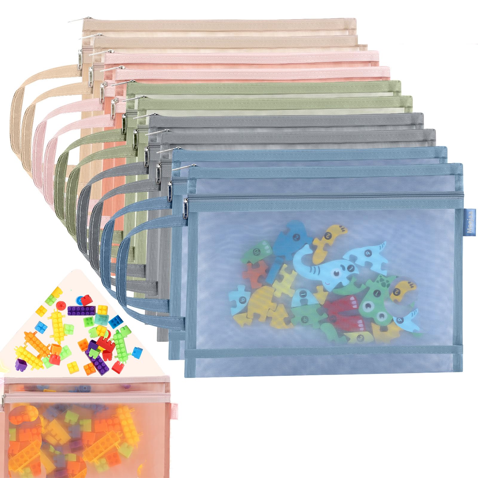 10 Pack Colored Mesh Toy Storage Bags - 2-Layer Zipper Organizer for Building Blocks, Puzzles & Board Games | A4 Size | Perfect for Kids' Room, Playroom & Travel Organization