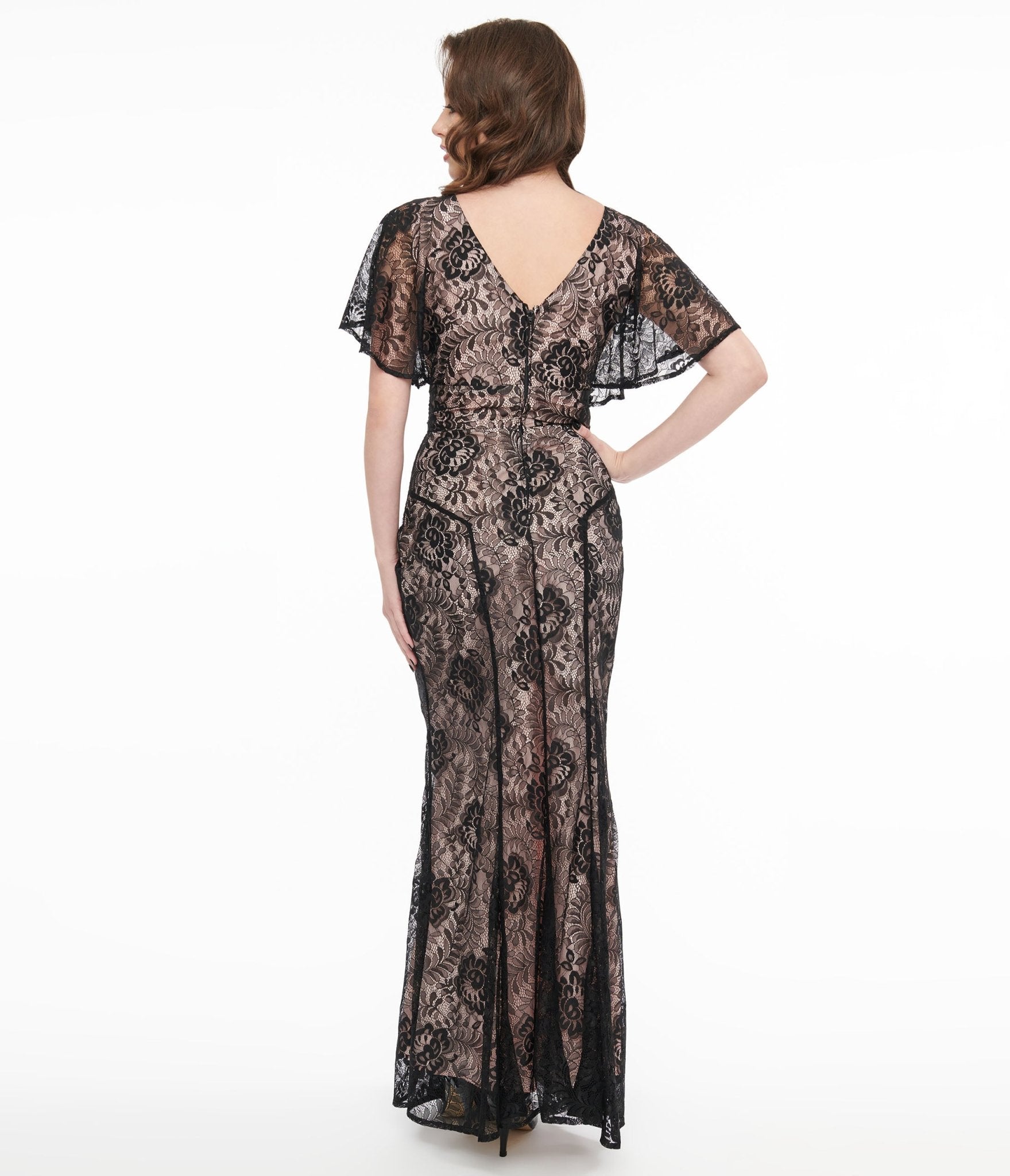 Vintage 1930s Black Lace Flutter Sleeve Evening Gown with Peach Lining - Perfect for Gatsby Parties, Retro Weddings & Vintage-Themed Events