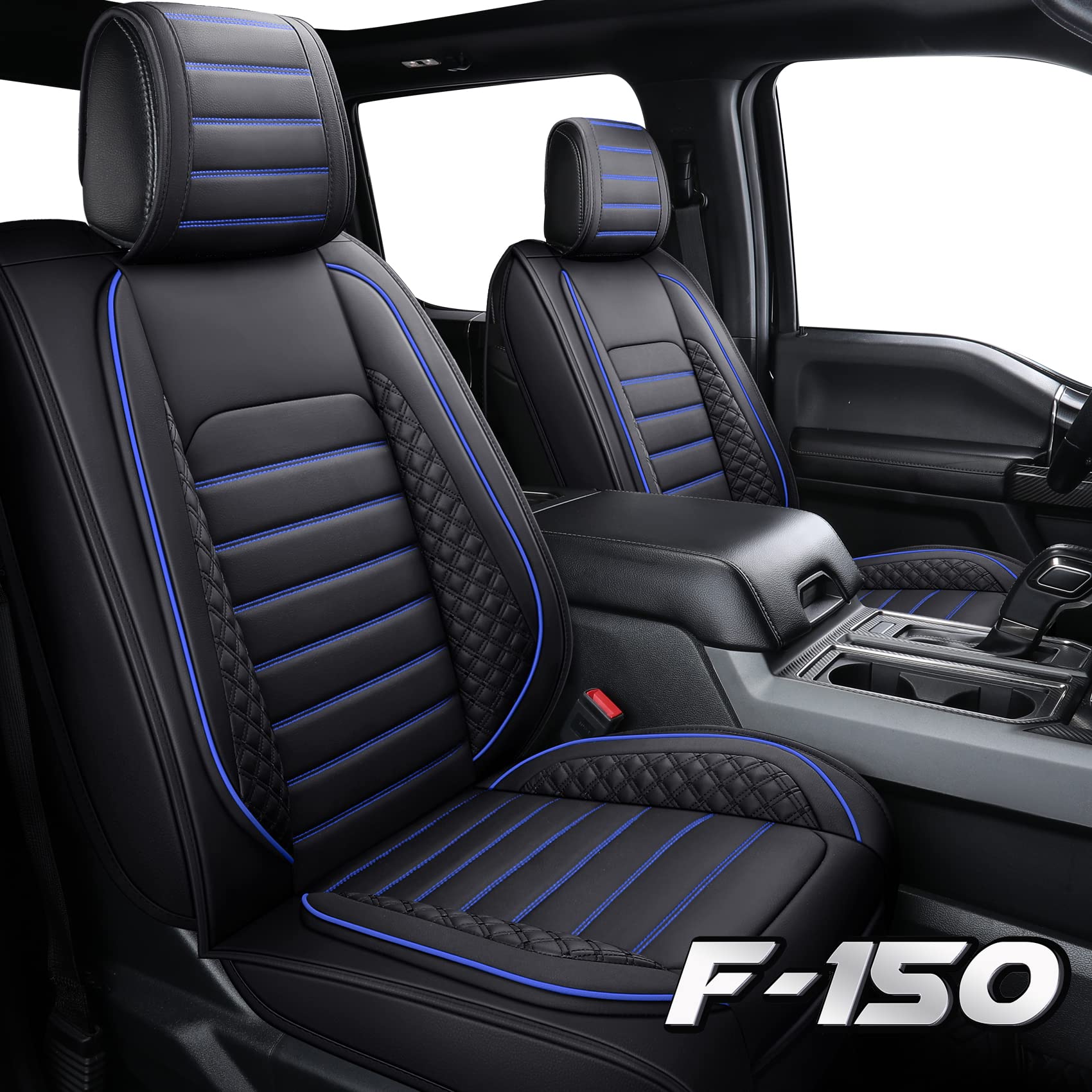 YIERTAI Waterproof Faux Leather Seat Covers - Full Set 5PC for 2009-2025 Ford F150, 2017-2025 F250 F350 F450 Limited & SuperCrew Pickup Trucks - Black & Blue Design - Perfect for Off-Roading, Daily Commute & Truck Protection
